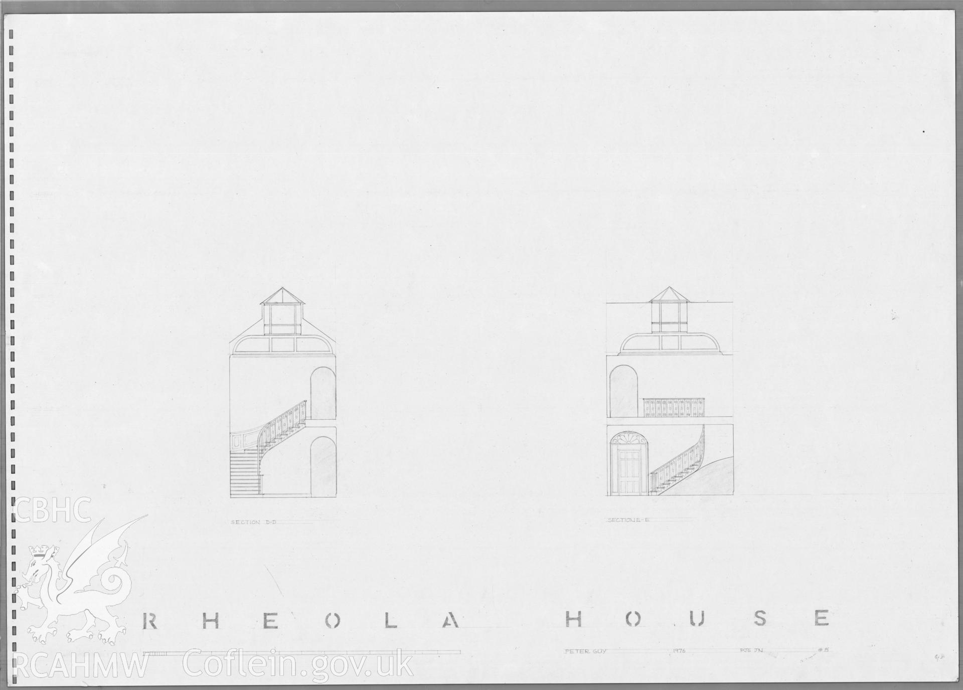 Measured section drawings of the staircase at Rheola House, Resolven, produced by Peter Guy of the Welsh School of Architecture dated 1976.