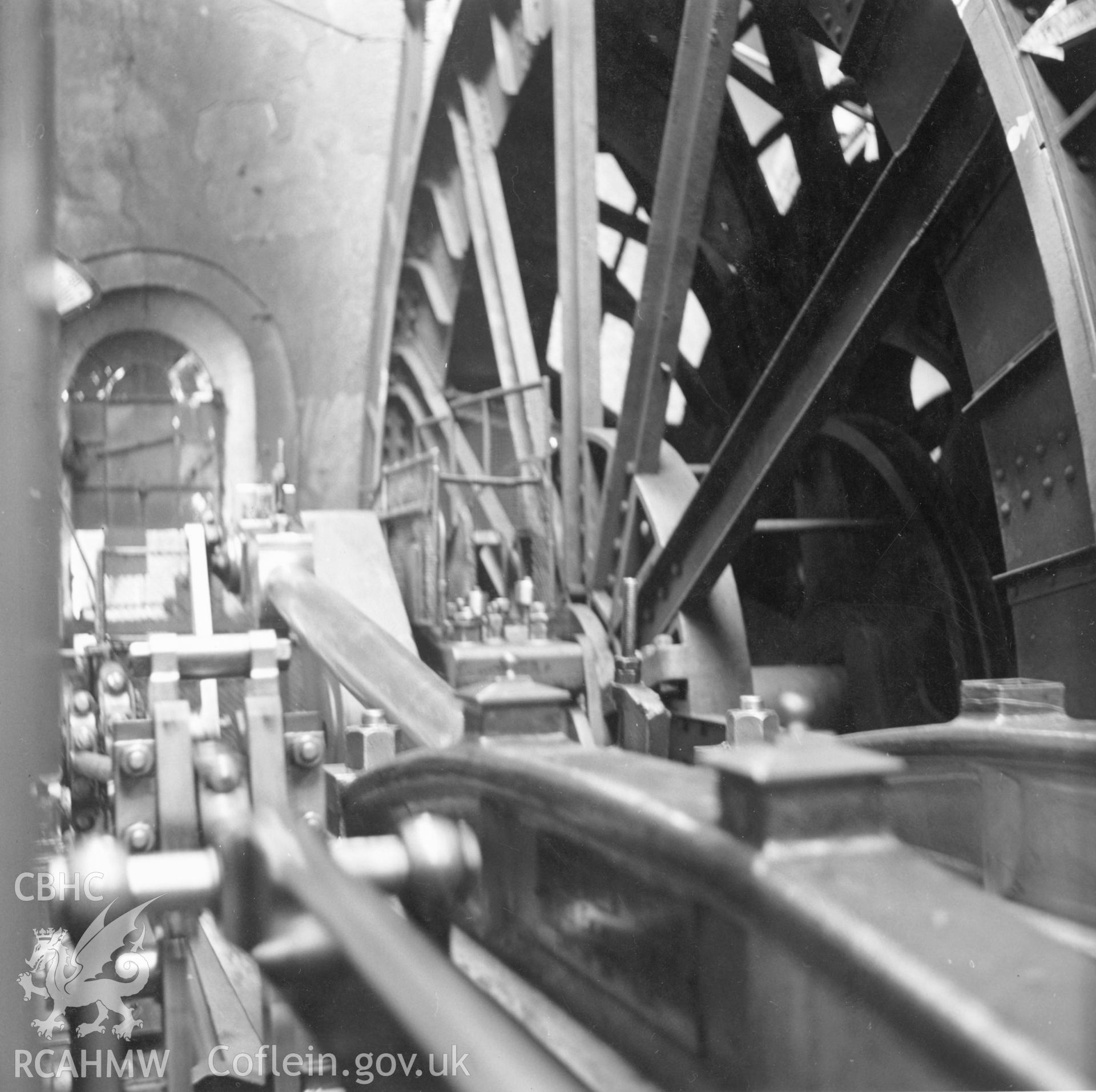 Black and white photograph showing an interior view of the winding house at Elliot Colliery, part of a closed registered file, ref. no. 8M/2982/3, transferred from Cadw and concerning Engine house Elliot Colliery, New Tredegar, Bedwellty, Mon.