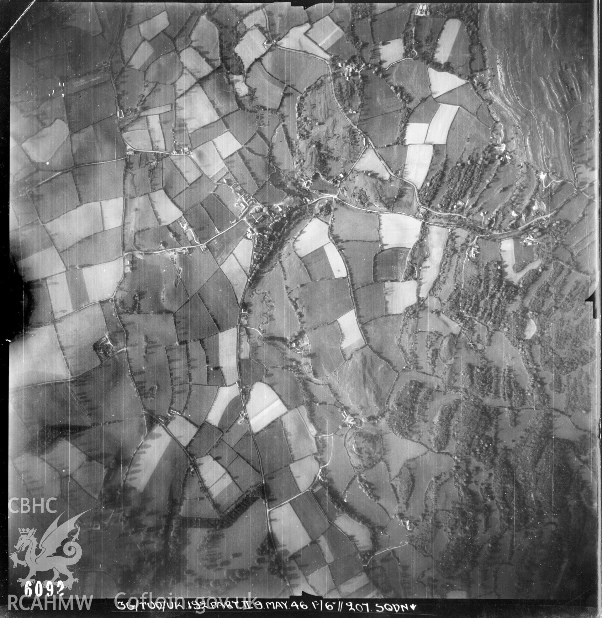 Black and white vertical aerial photograph taken by the RAF on 05/09/1946 centred on SJ18865610 at a scale of 1:10000. The photograph includes part of Llanarmon-yn-ial community in Denbighshire.