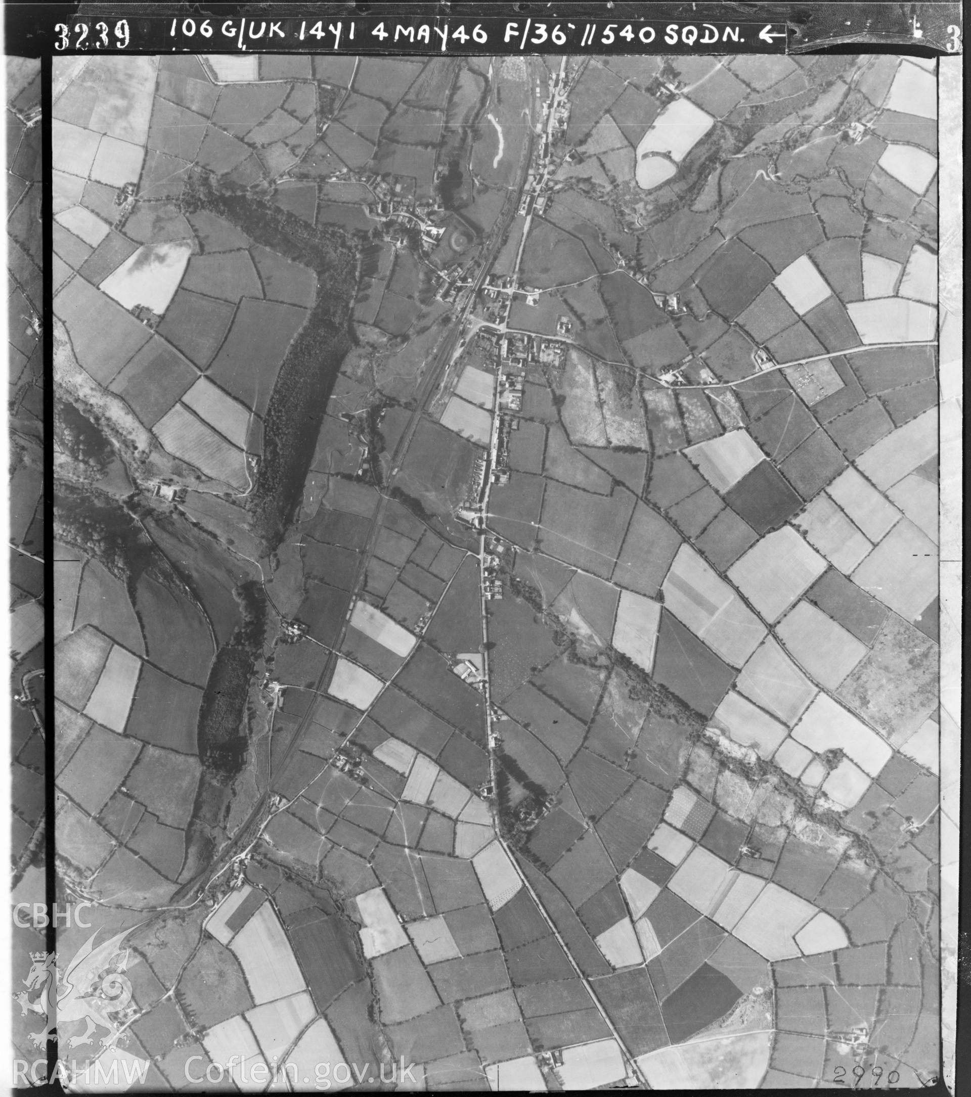 Black and white vertical aerial photograph taken by the RAF on 04/05/1946 centred on SN44643564 at a scale of 1:10000. The photograph includes part of Llanfihangel-ar-arth community in Carmarthenshire.