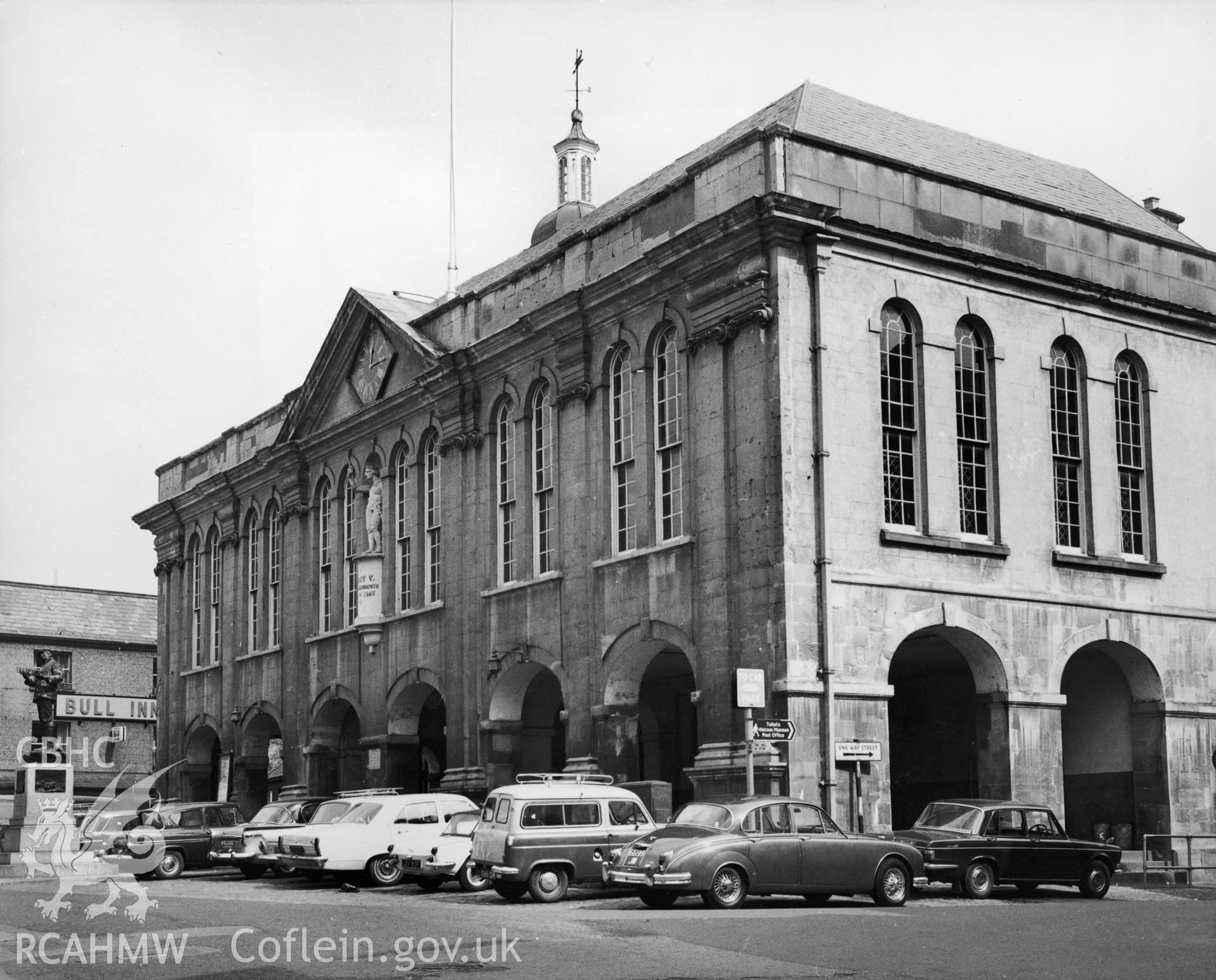 1 b/w print showing exterior view of Shire Hall, Monmouth; collated by the former Central Office of Information.