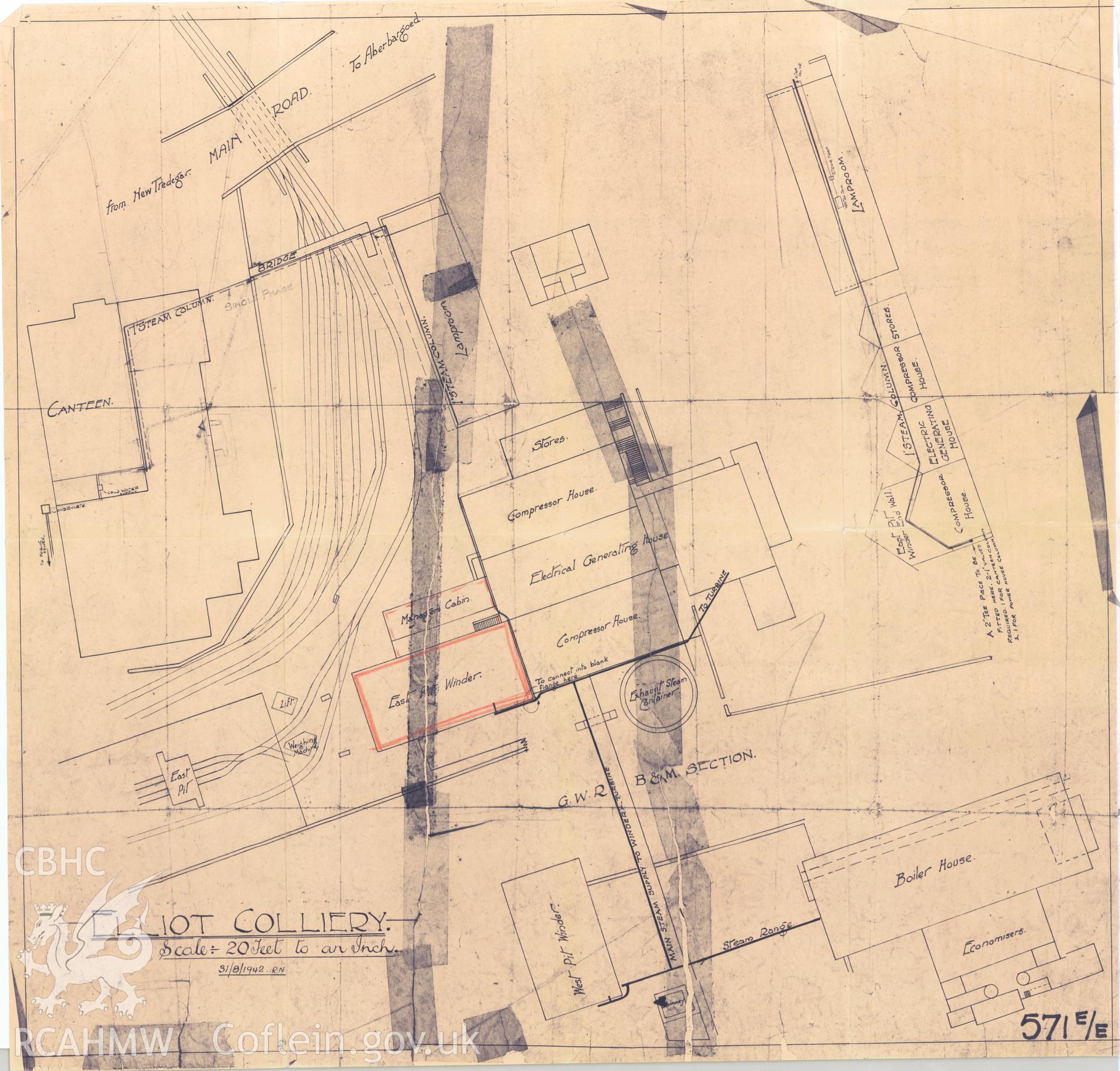 Copy of a site plan of Elliot Colliery, part of a closed registered file, ref. no. 8M/2982/3, transferred from Cadw and concerning Engine house Elliot Colliery, New Tredegar, Bedwellty, Mon.