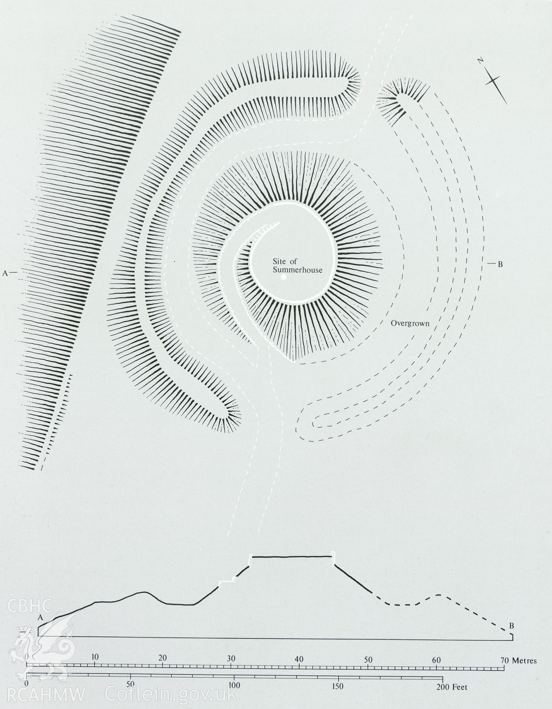 Ruperra Motte, Glamorgan; measured drawing and  overlay showing plan of the mound, as published in RCAHMW Inventory of the Ancient Monuments in Glamorgan Volume III - Part 1a Medieval Secular Monuments The Early Castles From the Norman Conquest to 1217, 1991, figure 24, page 60.