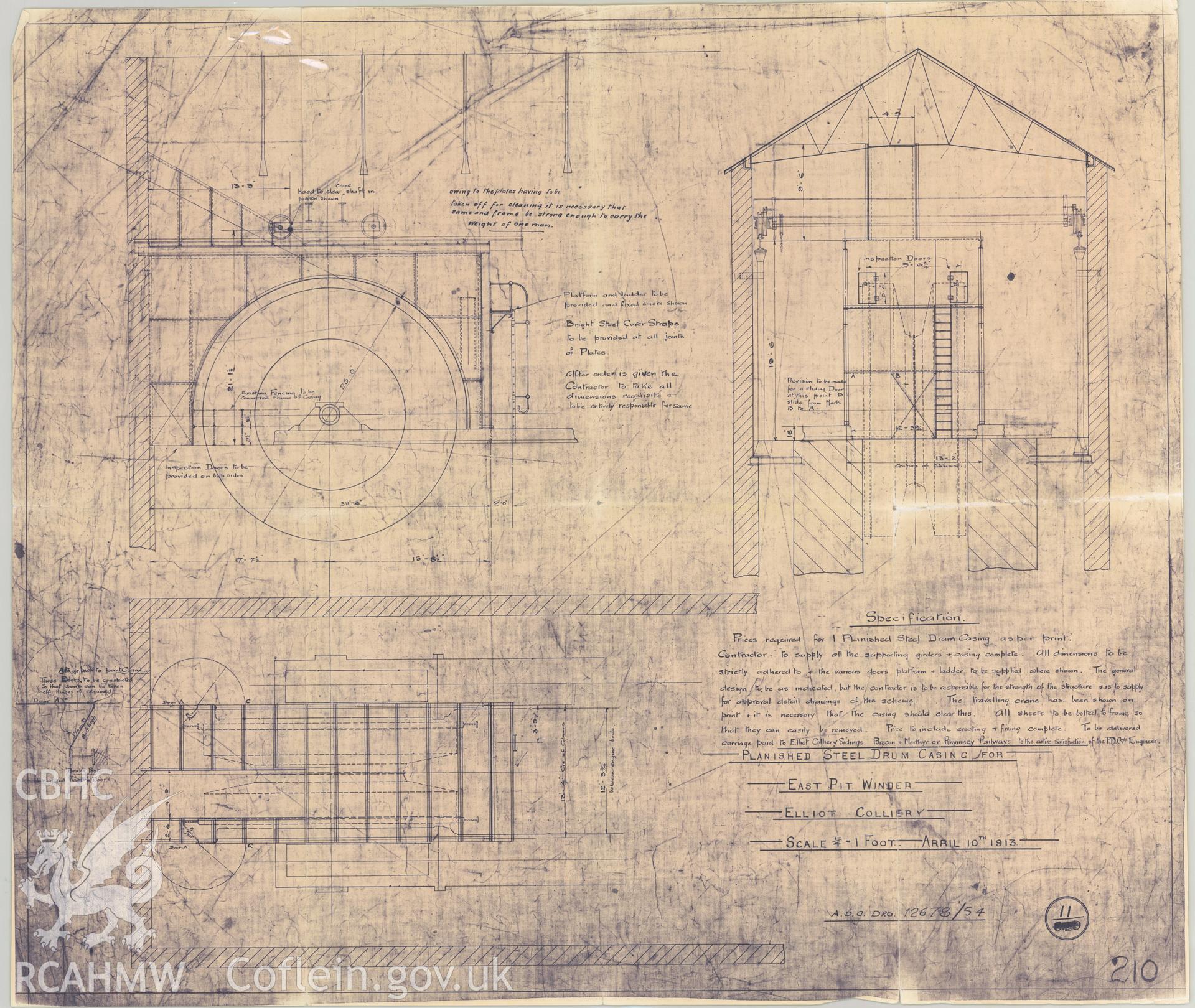 Copy of detailed drawings showing the planished steel drum casing for the east pit winder at Elliot Colliery, part of a closed registered file, ref. no. 8M/2982/3, transferred from Cadw and concerning Engine house Elliot Colliery, New Tredegar, Bedwellty, Mon.