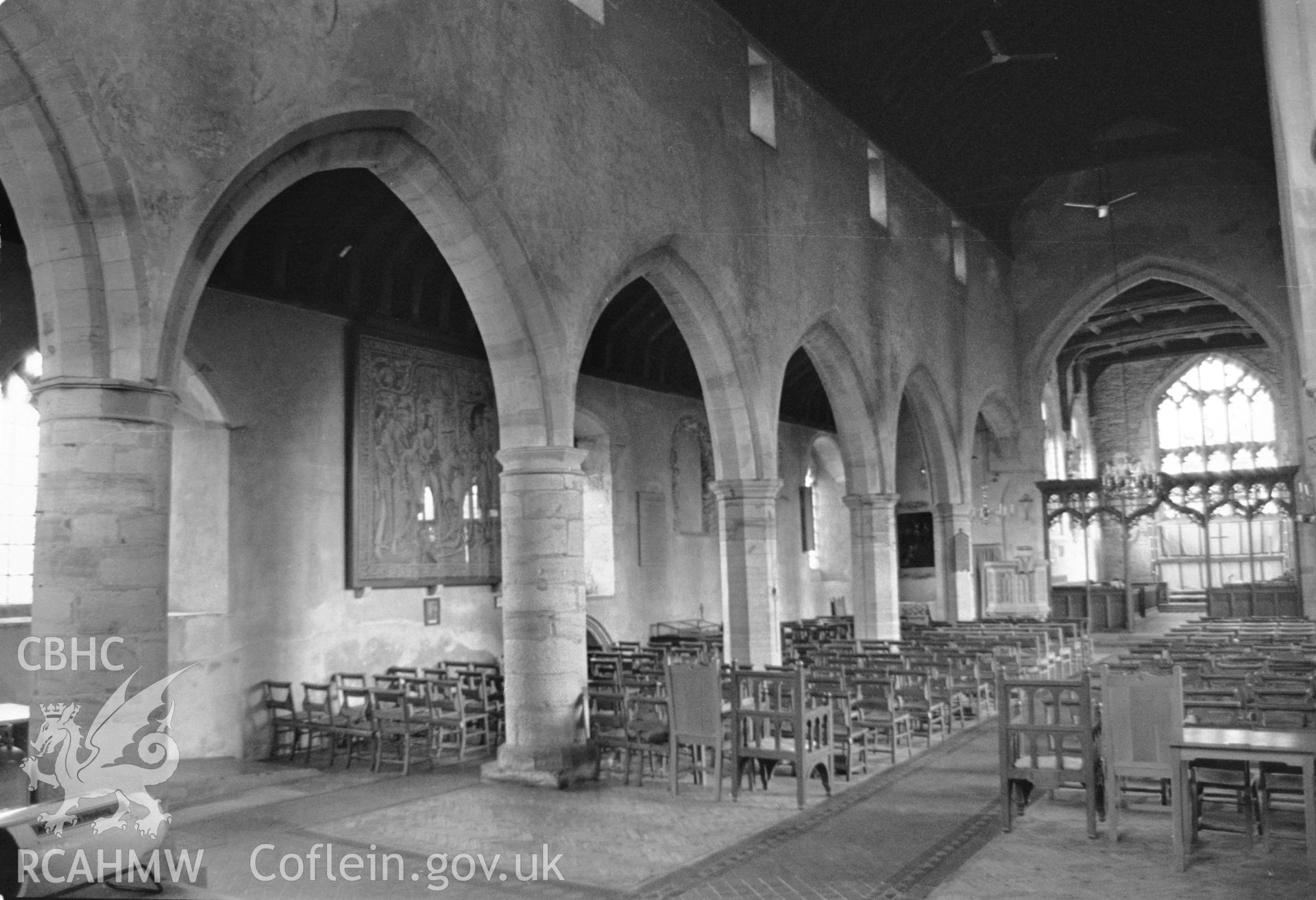 Black and white photograph showing the interior of St Andrew's Church, Presteigne,  produced by RCAHMW 1993.