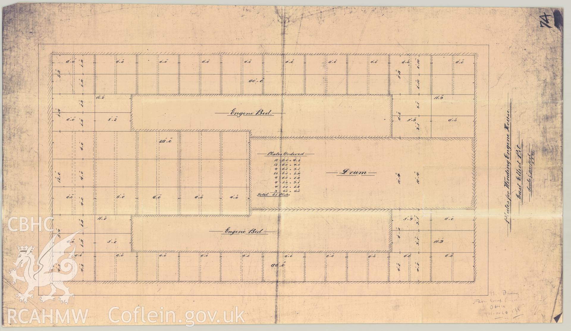 Copy of a measured plan showing the plates for the winding engine house at East Ellliot Pit, part of a closed registered file, ref. no. 8M/2982/3, transferred from Cadw and concerning Engine house Elliot Colliery, New Tredegar, Bedwellty, Mon.