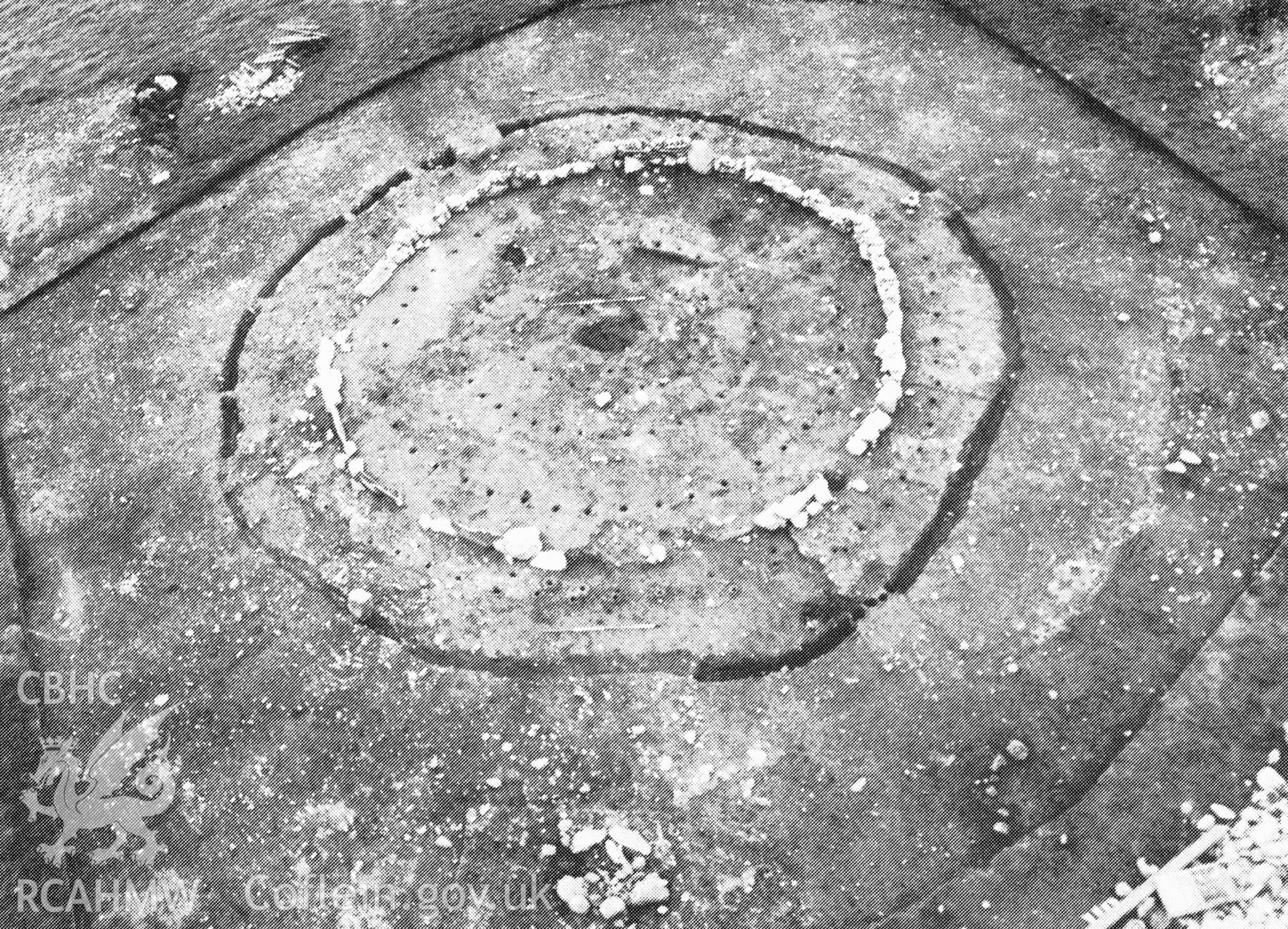 Digitized copy of an RCAHMW photograph showing a view of Boncyn Arian Ring Cairn excavation published in 'Excavations in the Brenig Valley' by F. Lynch, plate 7.4.a.