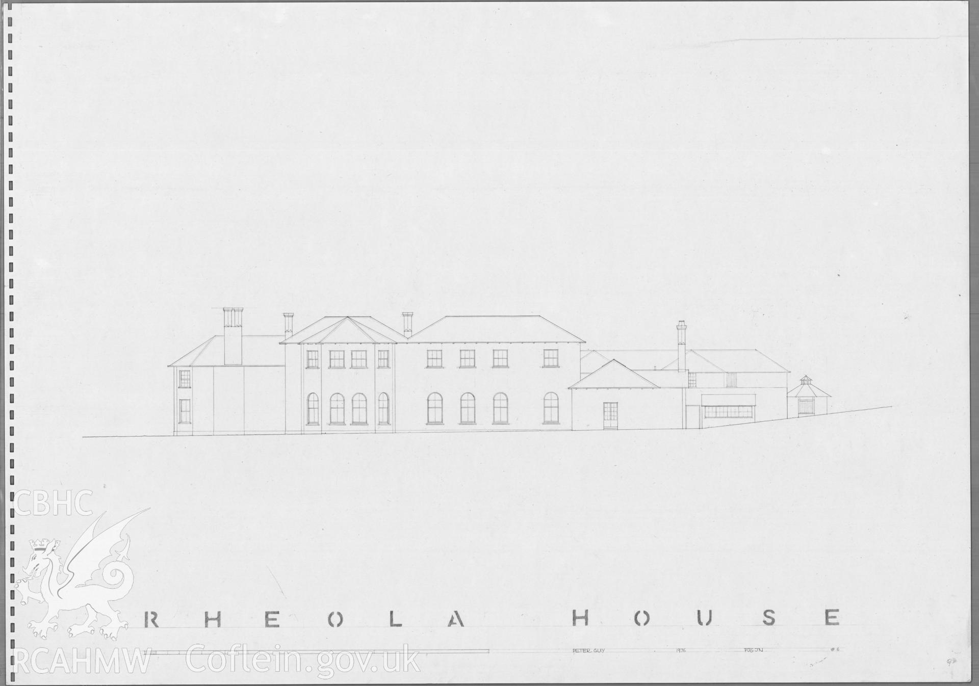 Measured elevation drawing of Rheola House, Resolven, produced by Peter Guy of the Welsh School of Architecture, dated 1976.