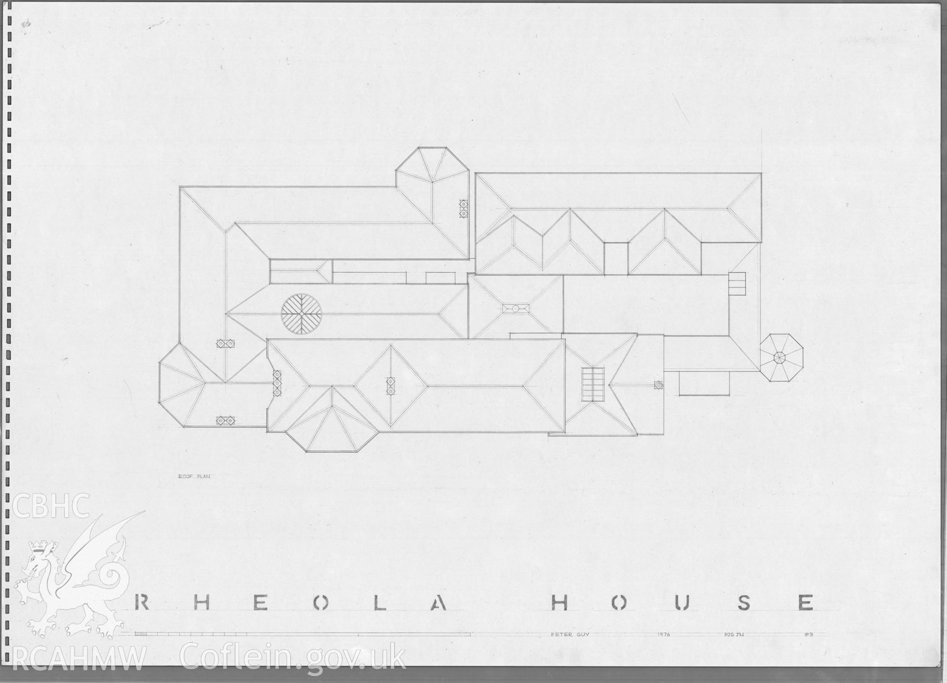 Measured roof plan of Rheola House, Resolven, produced by Peter Guy of the Welsh School of Architecture, dated 1976.