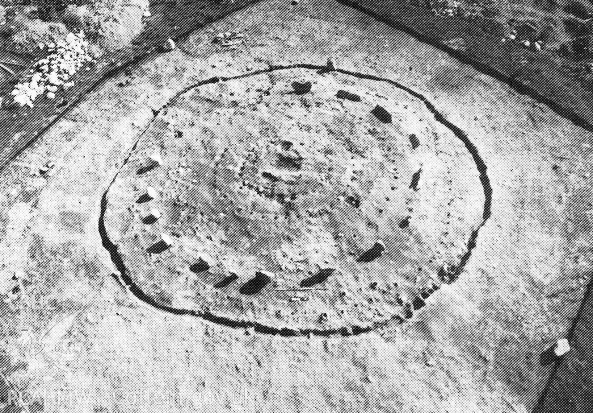 Digitized copy of an RCAHMW photograph showing a view of Boncyn Arian Ring Cairn excavation published in 'Excavations in the Brenig Valley' by F. Lynch, plate 7.4.b.