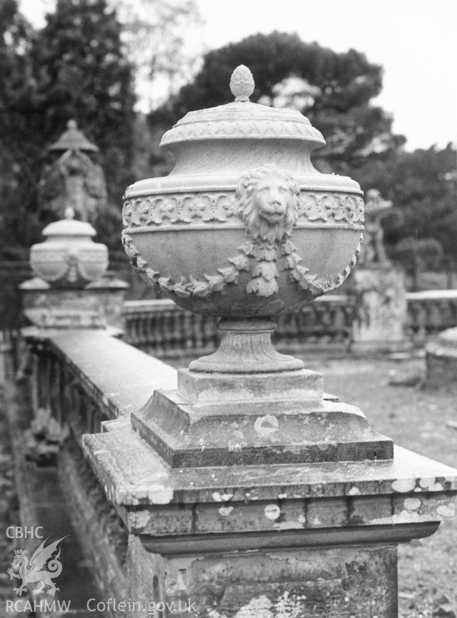 1 b/w print showing restoration of sculptural stonework in the Orangery at Margam Country Park; collated by the former Central Office of Information.