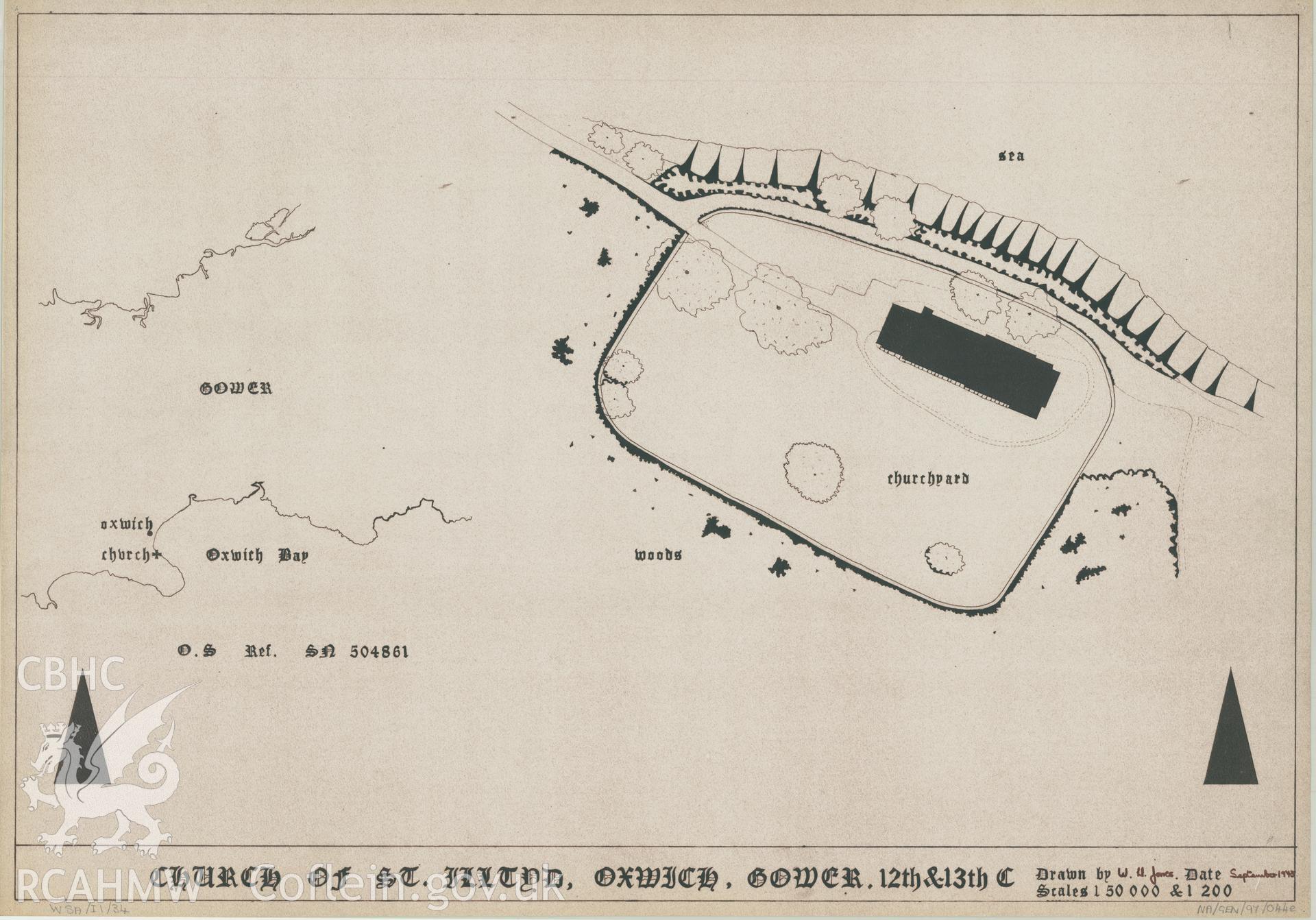 Measured drawing showing location plan of St Illtyd's Church, Oxwich, produced by W.Ll. Jones, September 1975.