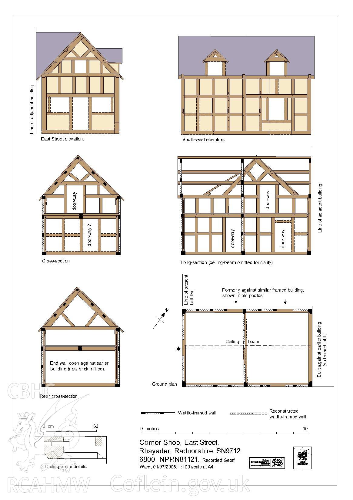 Screen version of digital depiction from RCAHMW survey of Corner Shop, East Street, Rhayader, 1:100 scale plan & section, 1:20 beam detail,  produced by Geoff Ward, 01/07/2005.