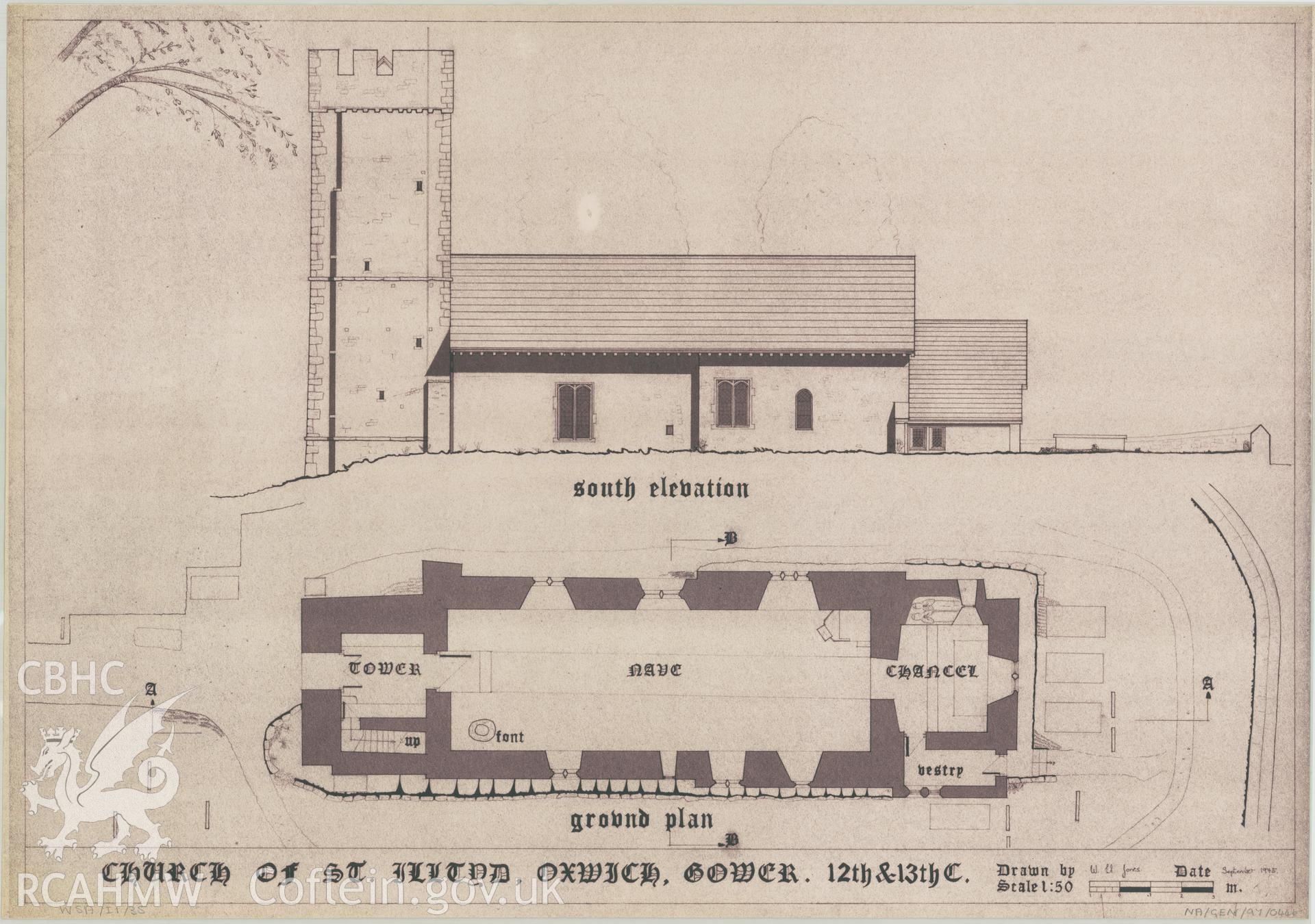 Measured drawing showing south elevation and ground plan of St Illtyd's Church, Oxwich, produced by W.Ll. Jones, September 1975.