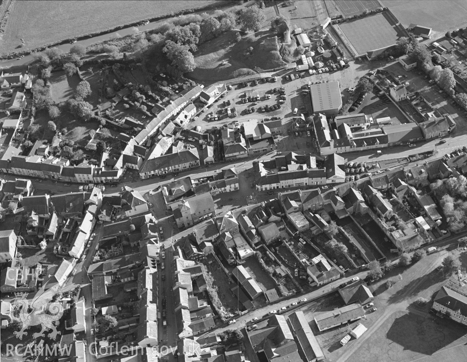 RCAHMW black and white oblique aerial photograph of Llandovery, town centre, general view from north. Taken by Toby Driver on 18/10/2002