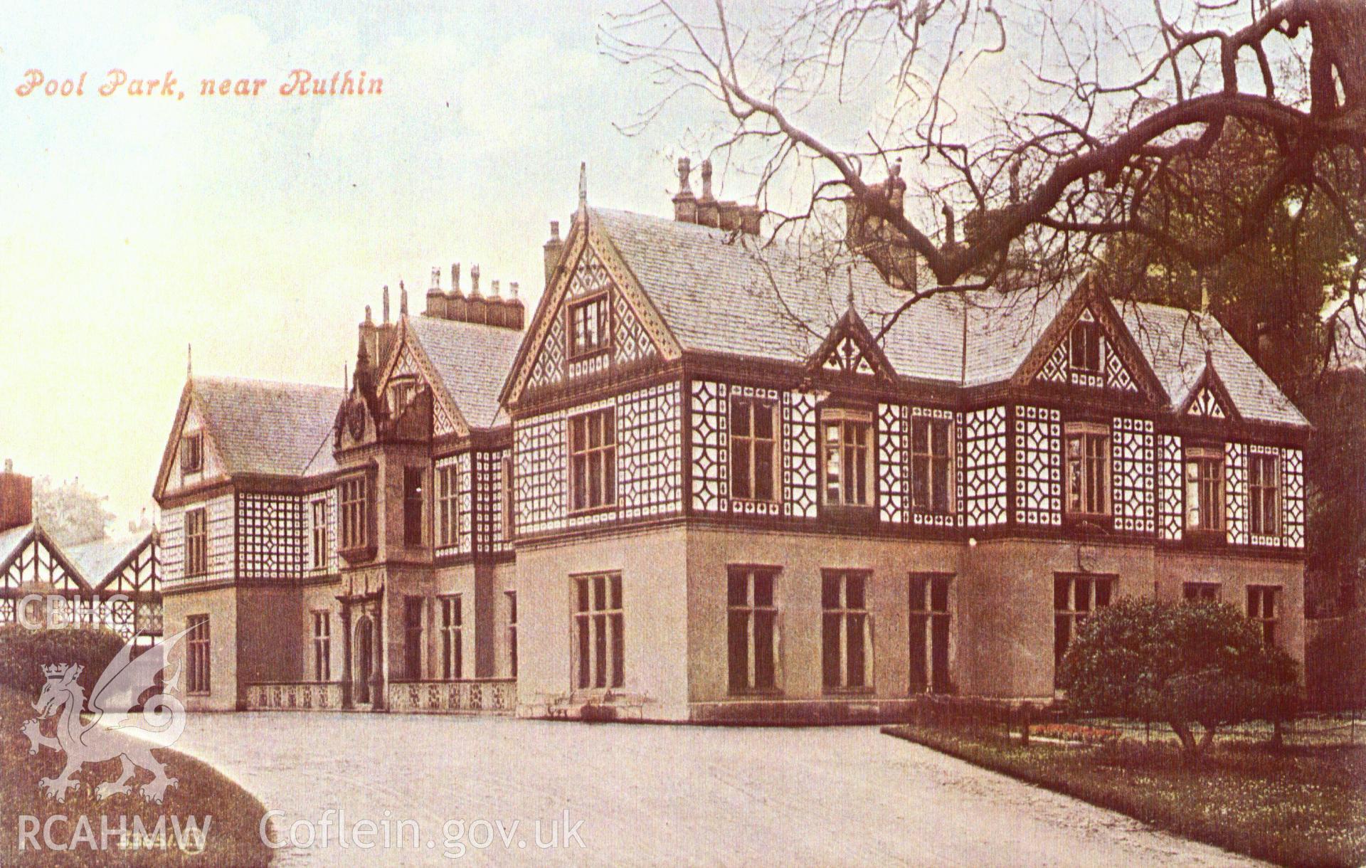 One colour print of the exterior of Pool Park, Ruthin.