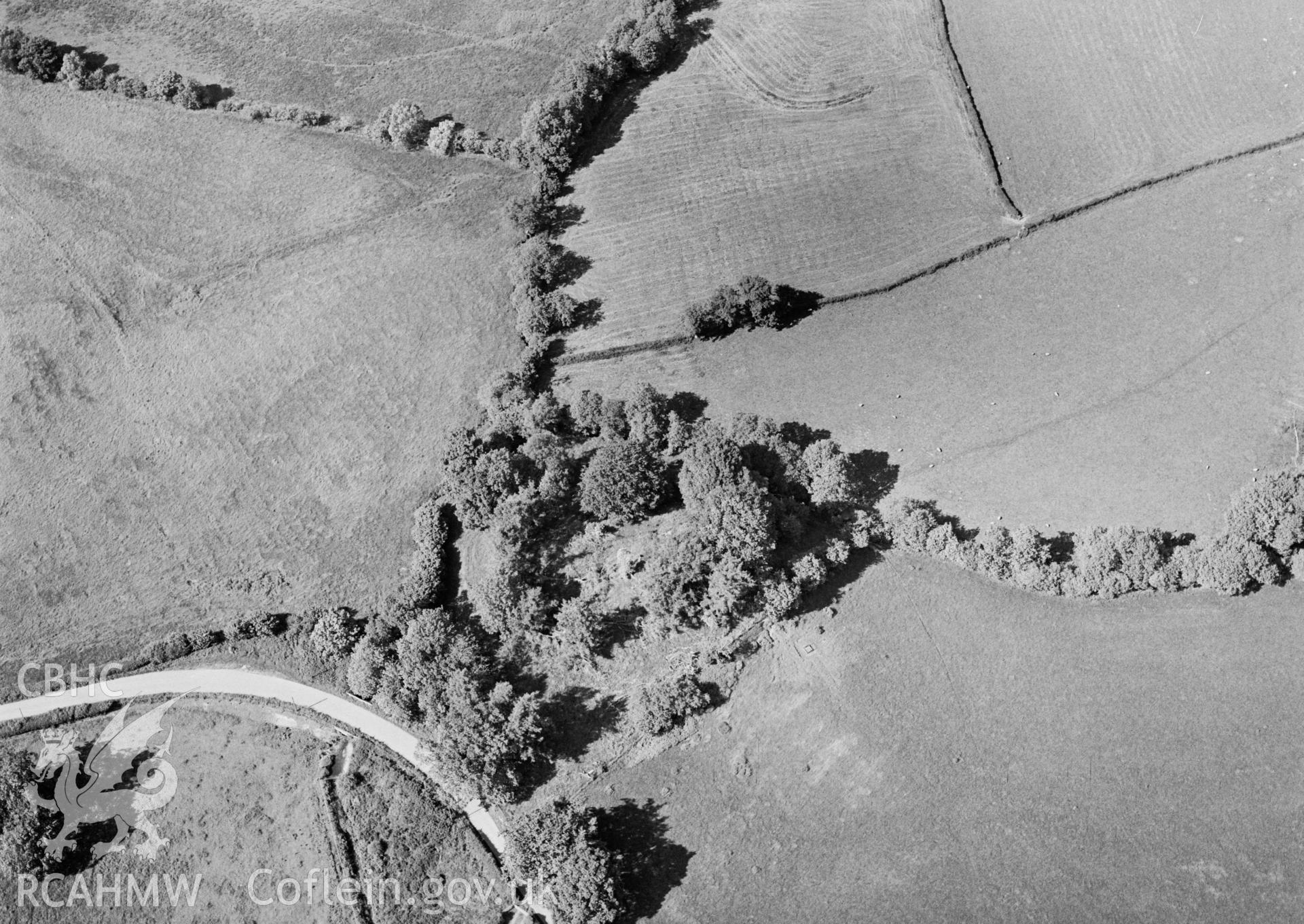 RCAHMW Black and white oblique aerial photograph of Dolbedwin Mound, Gladestry, taken on 19/06/1998 by Toby Driver