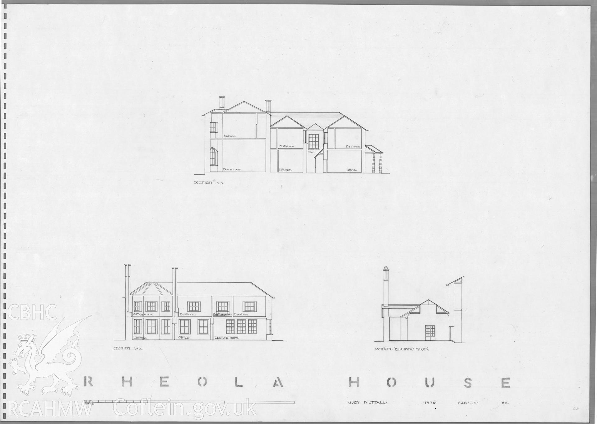 Measured section drawings of Rheola House, Resolven, produced by Judy Nuttall of the Welsh School of Architecture, dated 1976.