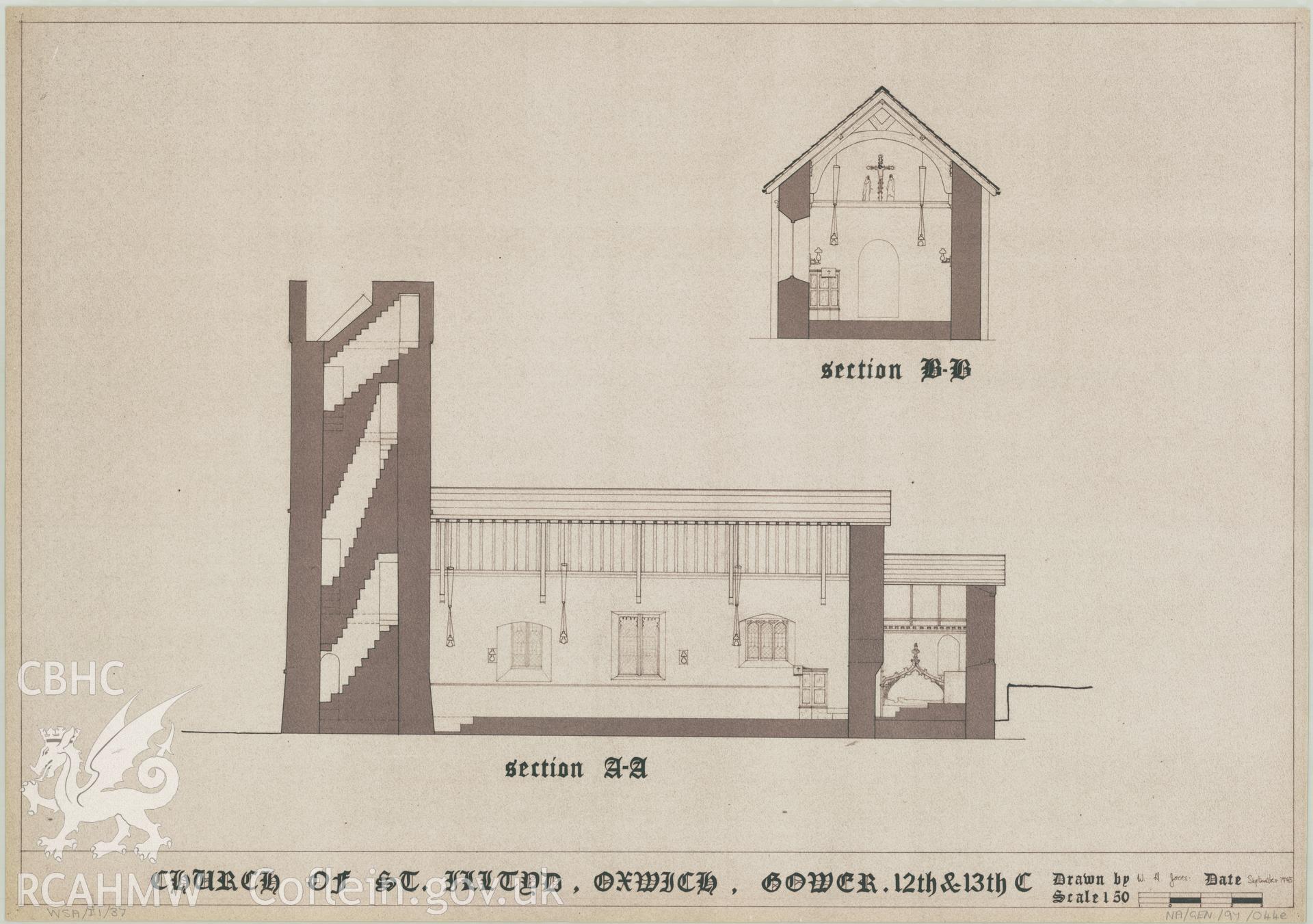 Measured drawing showing section views of St Illtyd's Church, Oxwich, produced by W.Ll. Jones, September 1975.