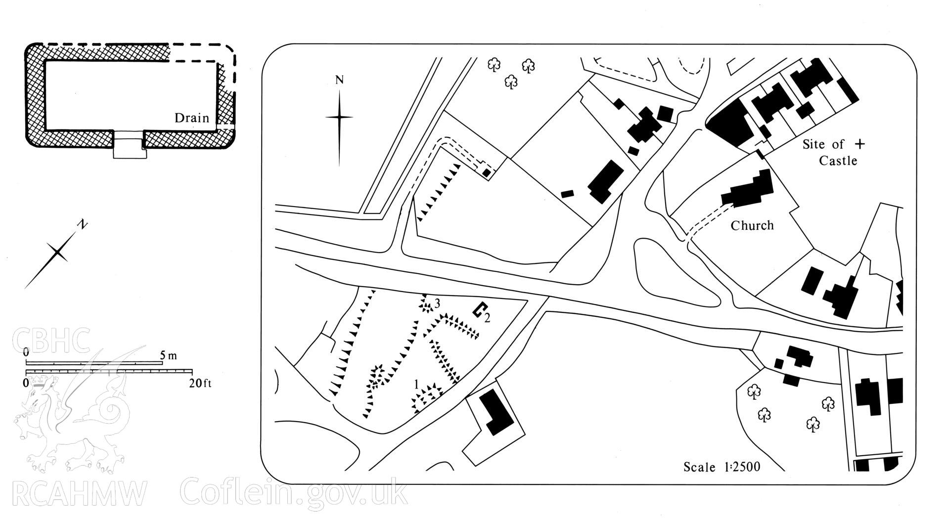 Digital image of Sully House, Glamorgan; measured drawings comprising base and overlay showing plan and site plan as published in RCAHMW inventory of medieval non-defensive sites in Glamorganshire,  fig. 134