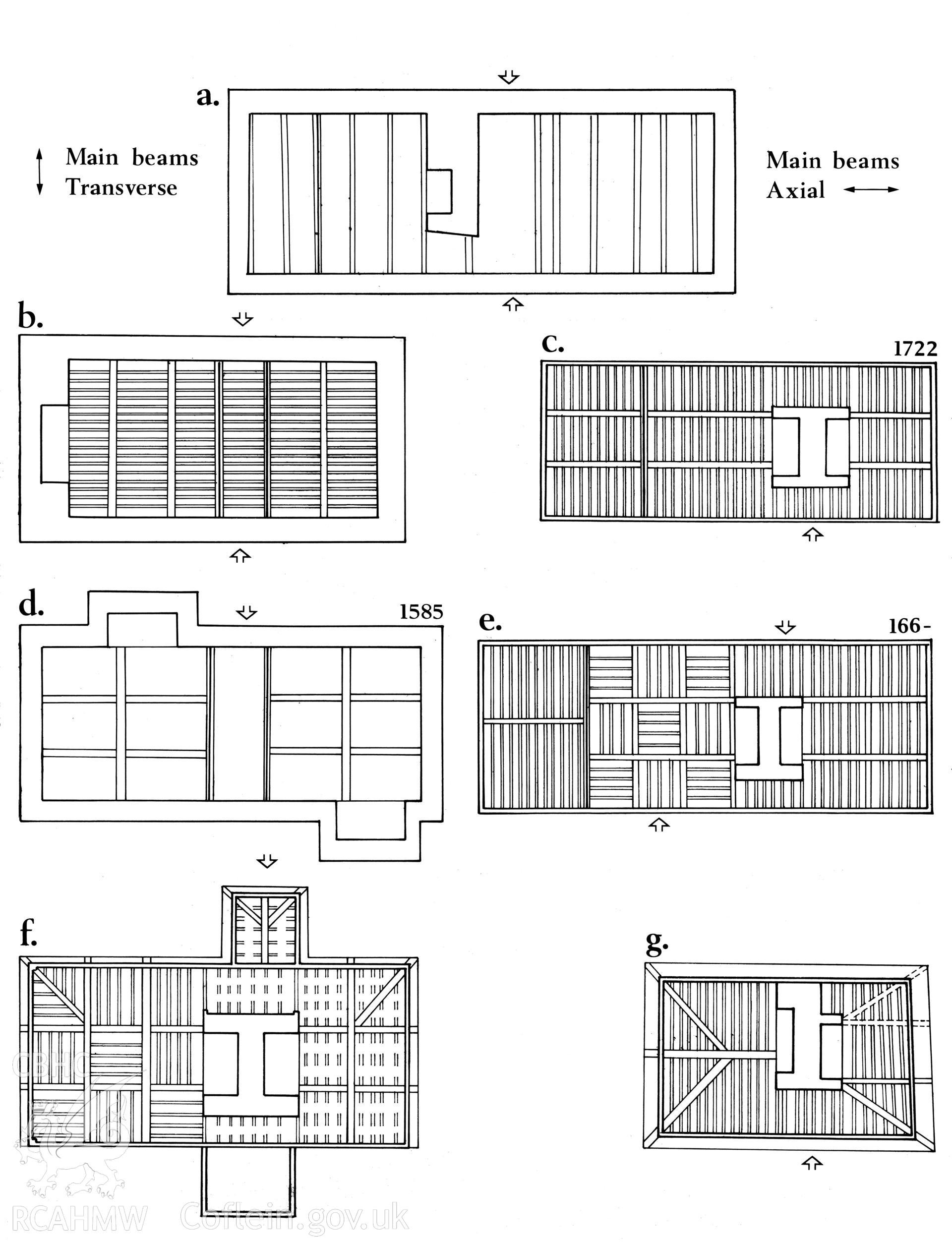 Multi-site RCAHMW drawing, 7 sites, (ink on linen) showing ceiling arrangements in seven houses.   Published in Houses of the Welsh Countryside, fig 156.