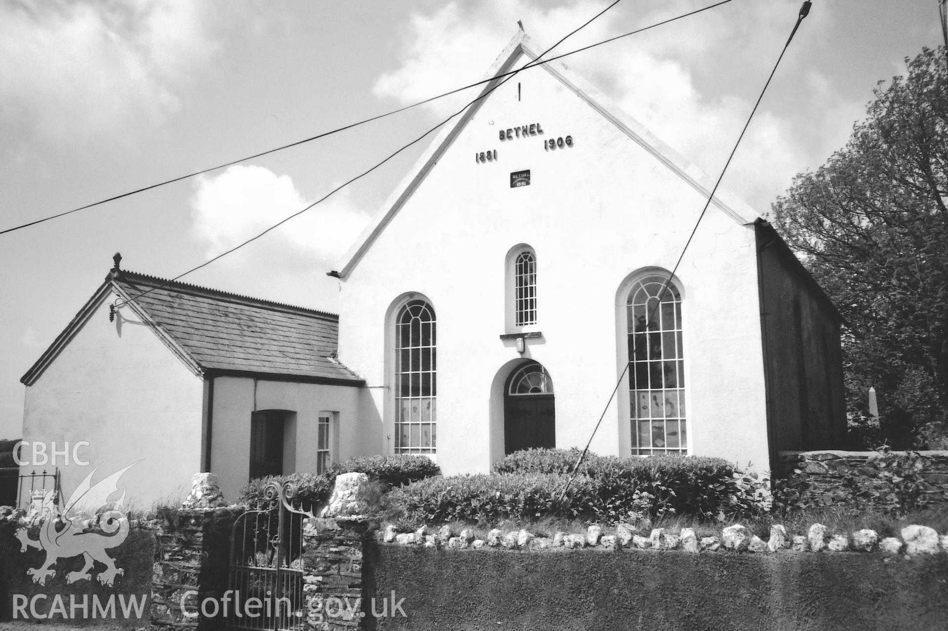 Digital copy of a black and white photograph showing a general view of Bethel Calvinistic Methodist Chapel. Ambleston, taken by Robert Scourfield, 1995.