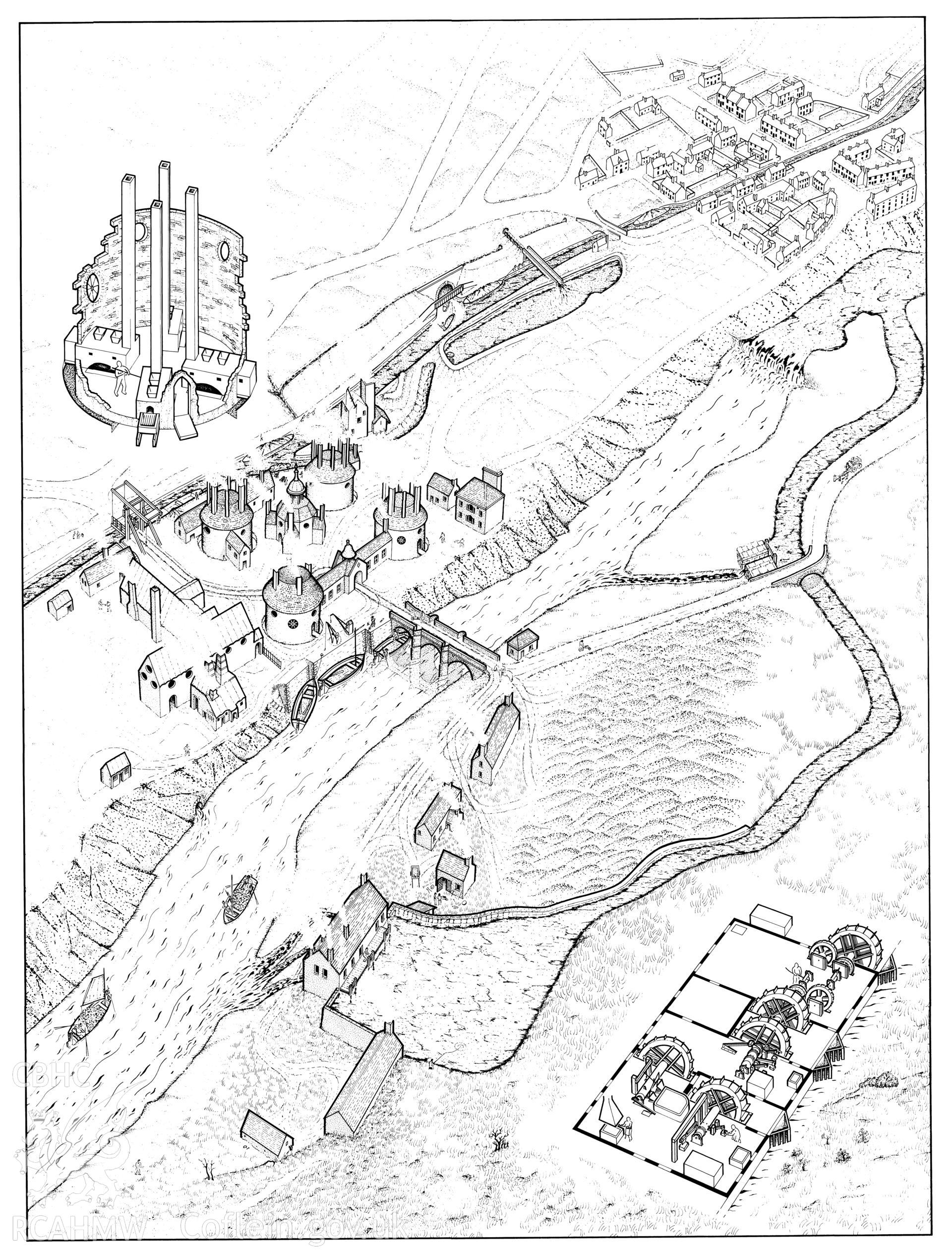 Reconstruction drawing with cutaways showing Lower Forest Copperworks, Swansea, produced for RCAHMW publication "Copperopolis", and forming the basis for the illustration featured on p.135, fig. 173. Original not yet deposited with NMRW.