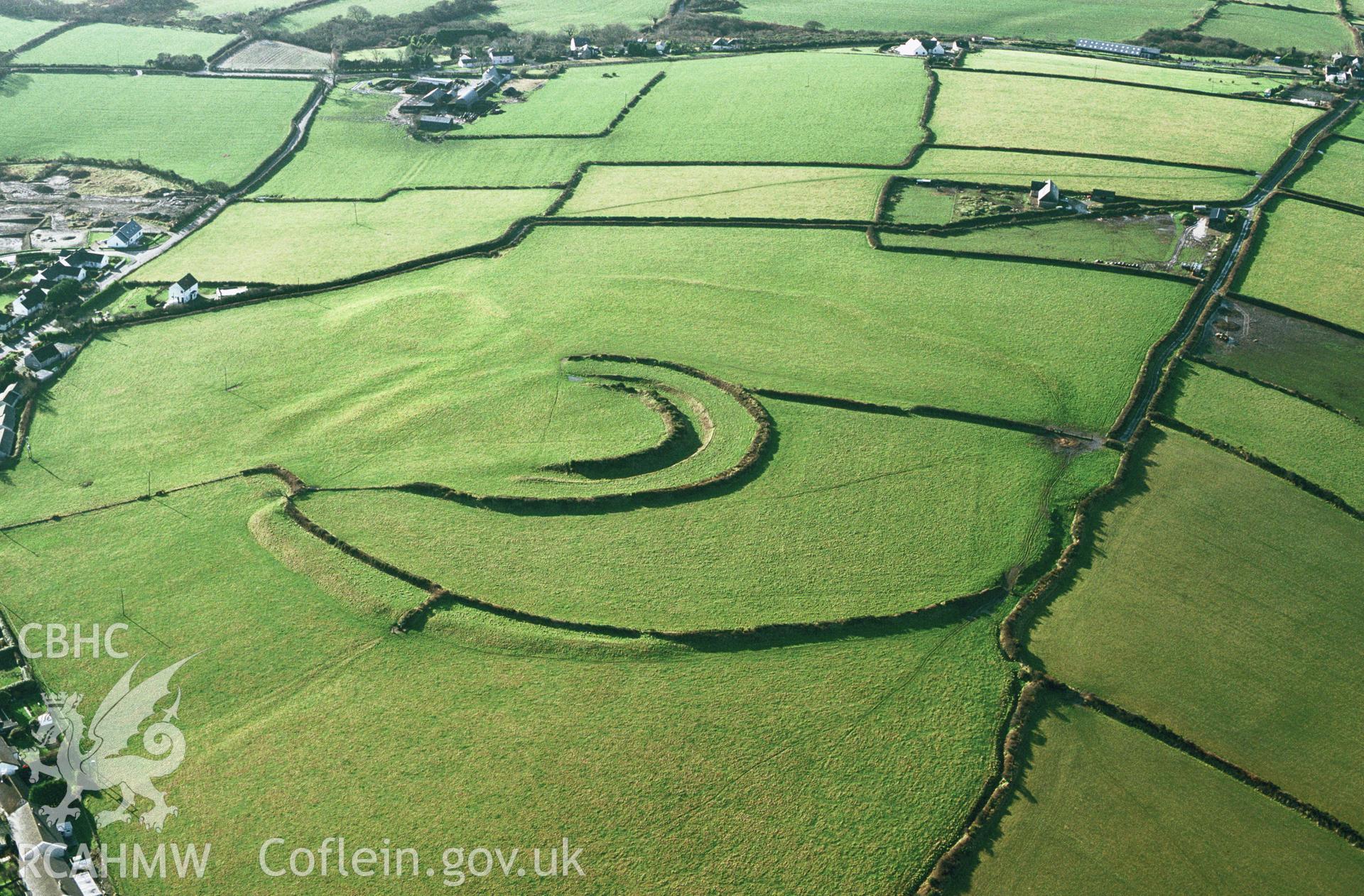 RCAHMW colour slide oblique aerial photograph of Keeston Castle, Camrose, taken by C.R. Musson, 16/01/94