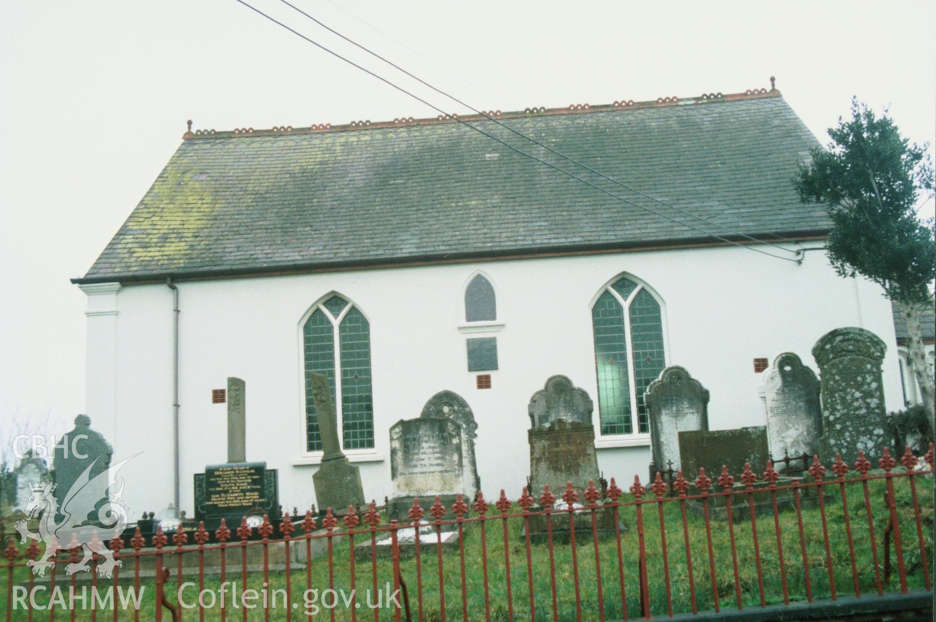 Digital copy of a colour photograph showing exterior view of Penffordd Calvinistic Methodist Chapel, Bletherston, taken by Robert Scourfield, 1996.