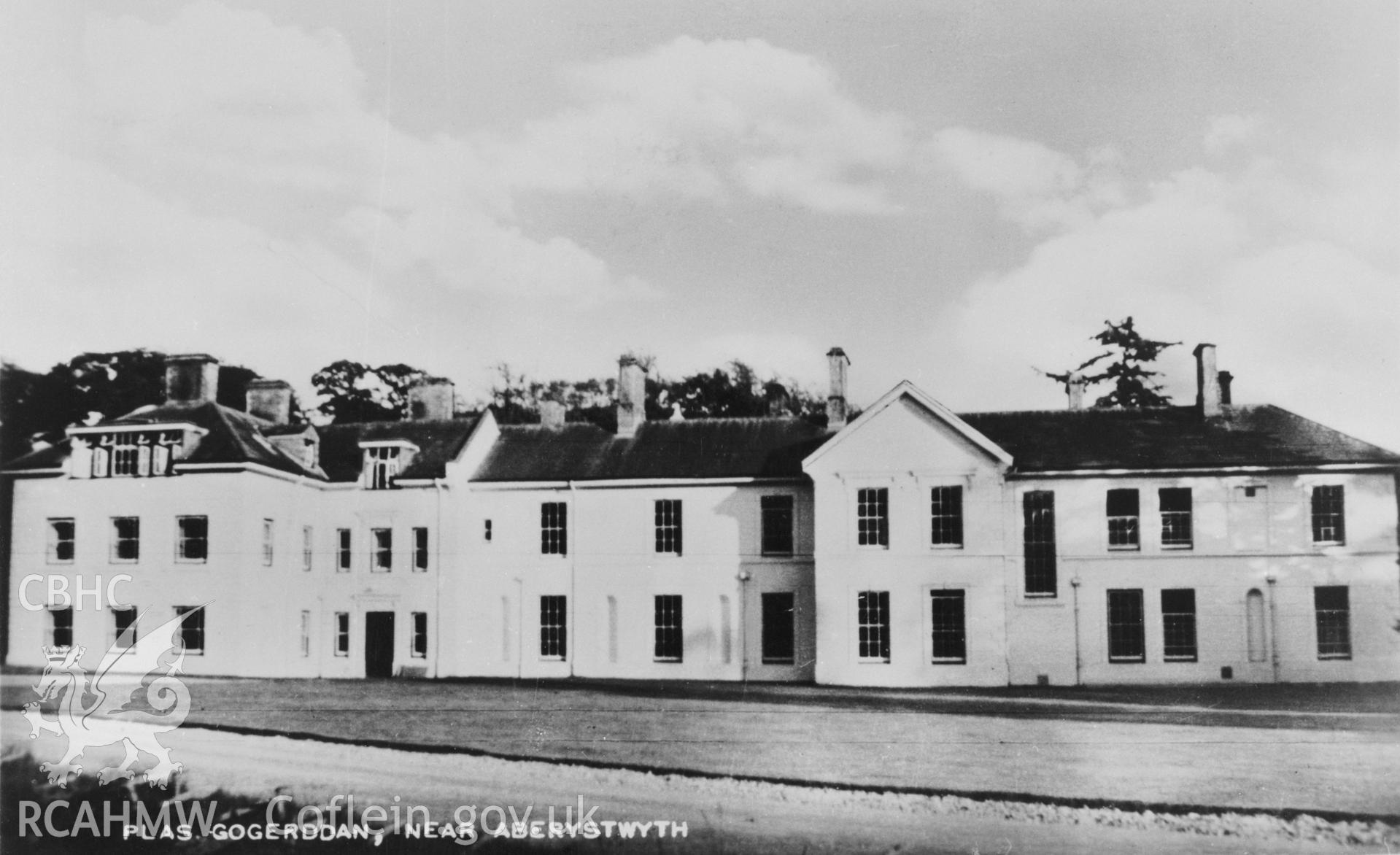 A black and white print of a postcard, postmarked "Aberystwyth 02/09/1957", it shows Plas Gogerddan, Penrhyncoch.