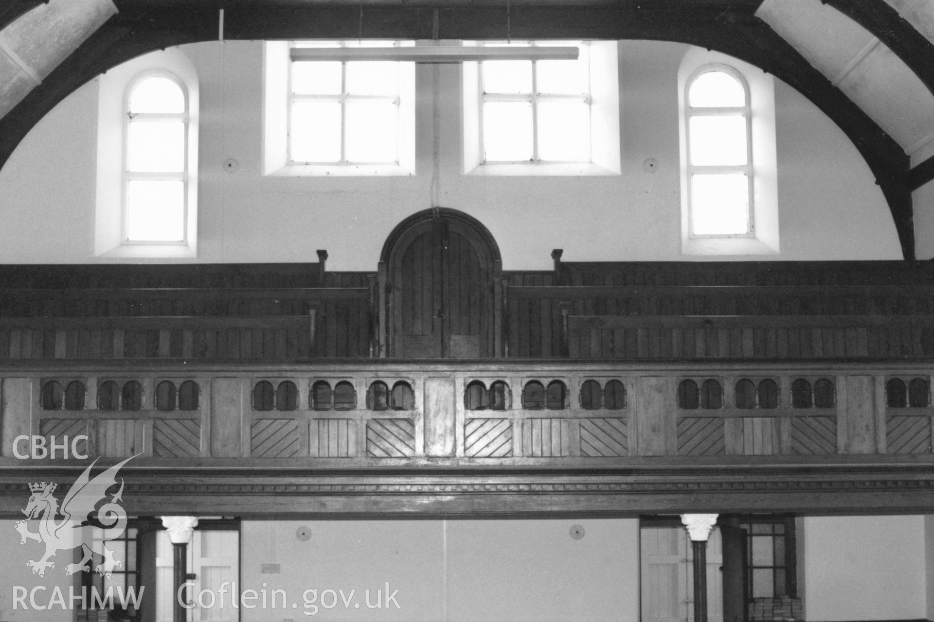 Digital copy of a black and white photograph showing an interior view of Sardis Baptist Chapel, Houghton, taken by Robert Scourfield, 1996.