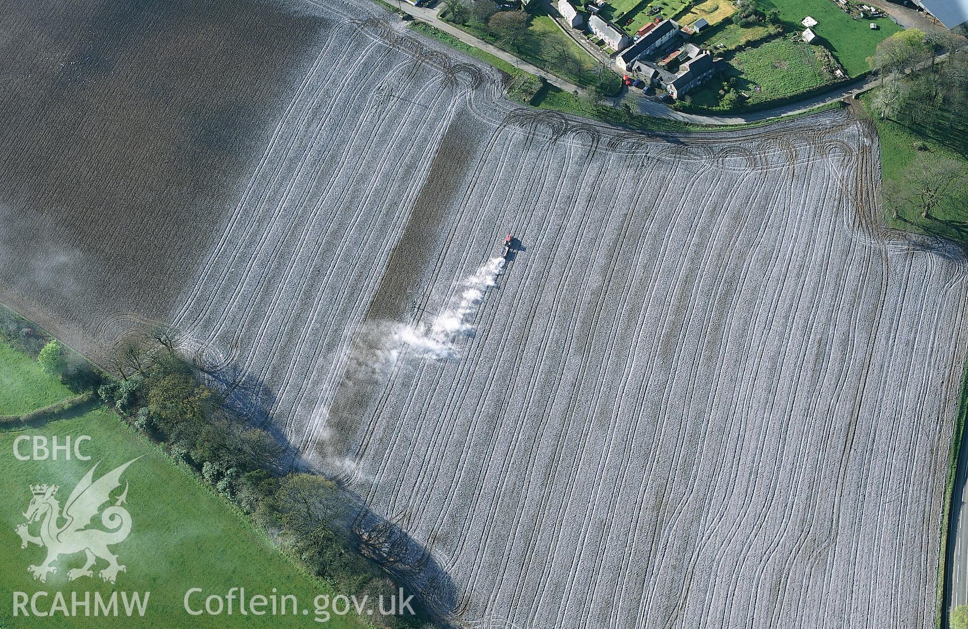 RCAHMW colour slide oblique aerial photograph showing field-liming at Cresselly, taken by T.G.Driver 2002