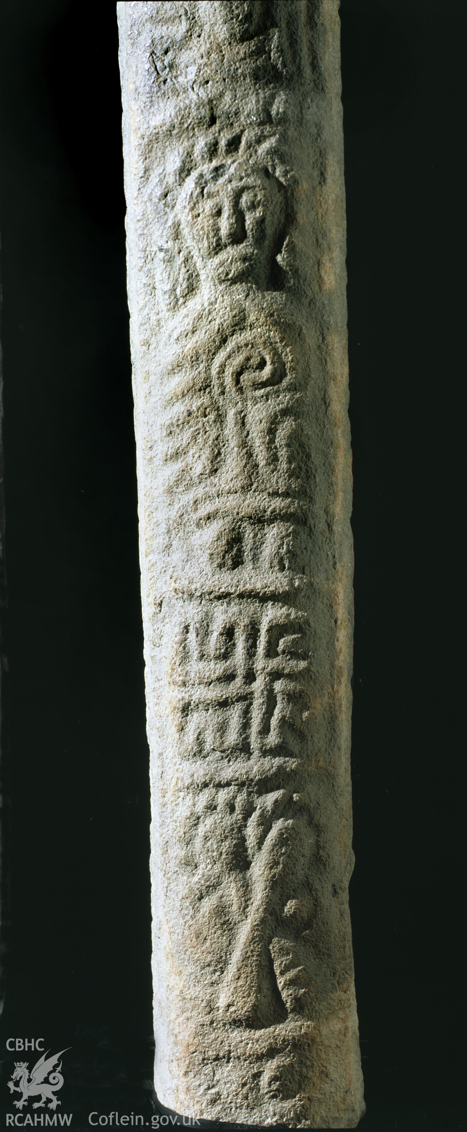 Colour transparency showing view of the inscribed stone at Llanbadarn Fawr, Ceredigion, produced by Iain Wright, June 2004.