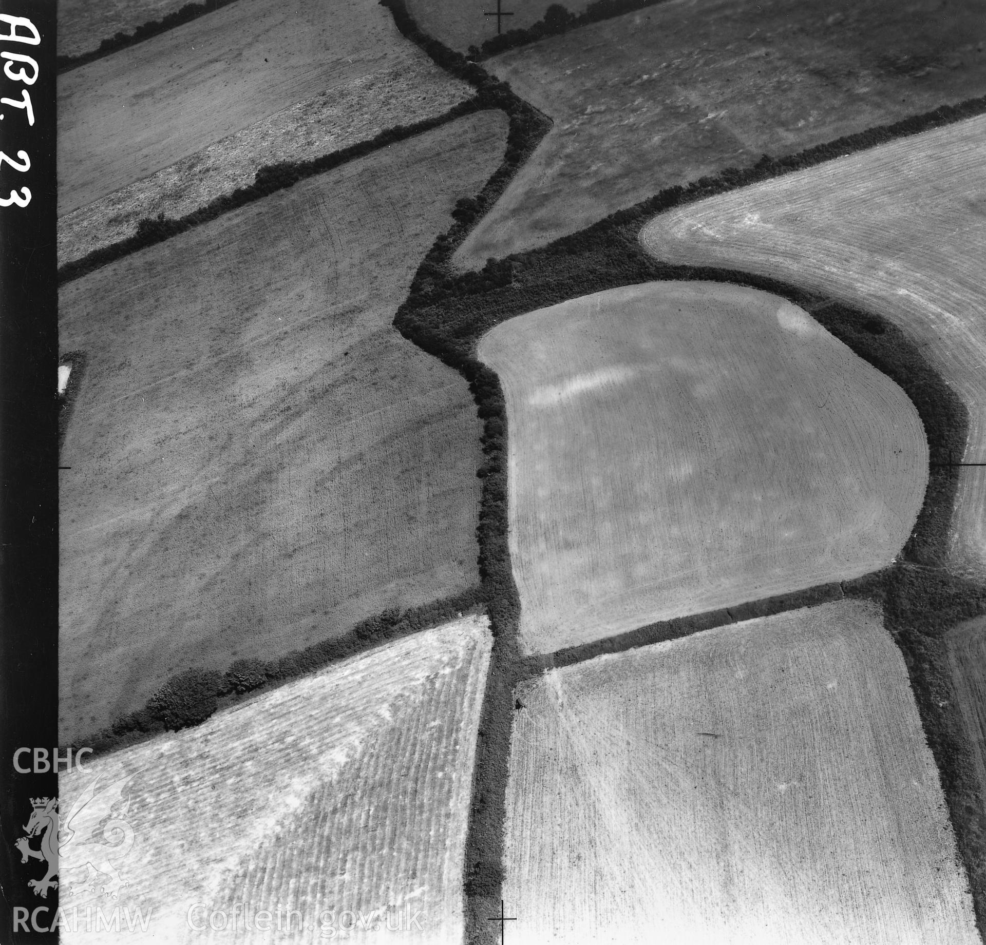 Black and white aerial photograph showing Castell Meherin, taken by Cambridge University Committee for Aerial Photography.