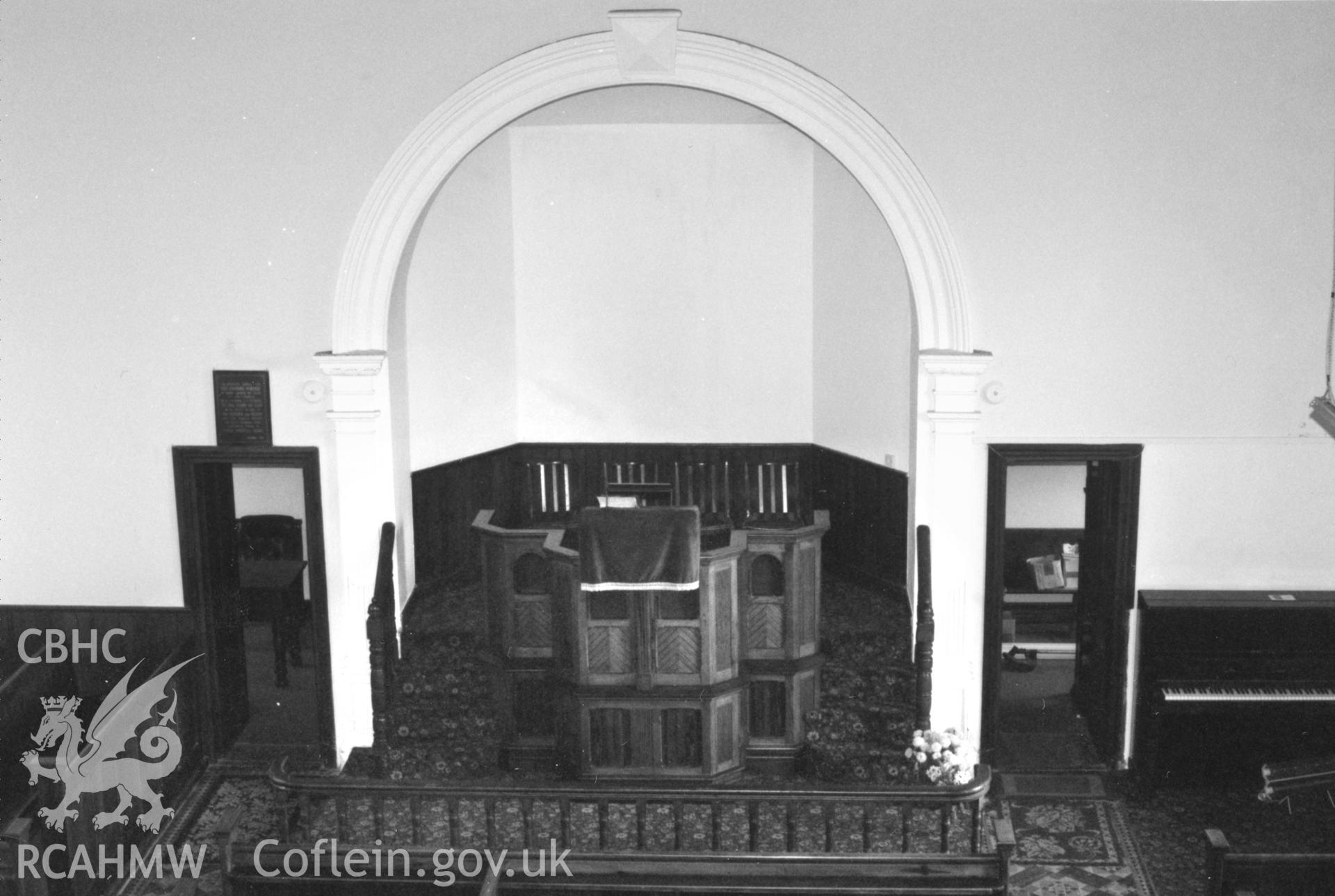 Digital copy of a black and white photograph showing an interior view of Sardis Baptist Chapel, Houghton, taken by Robert Scourfield, 1996.