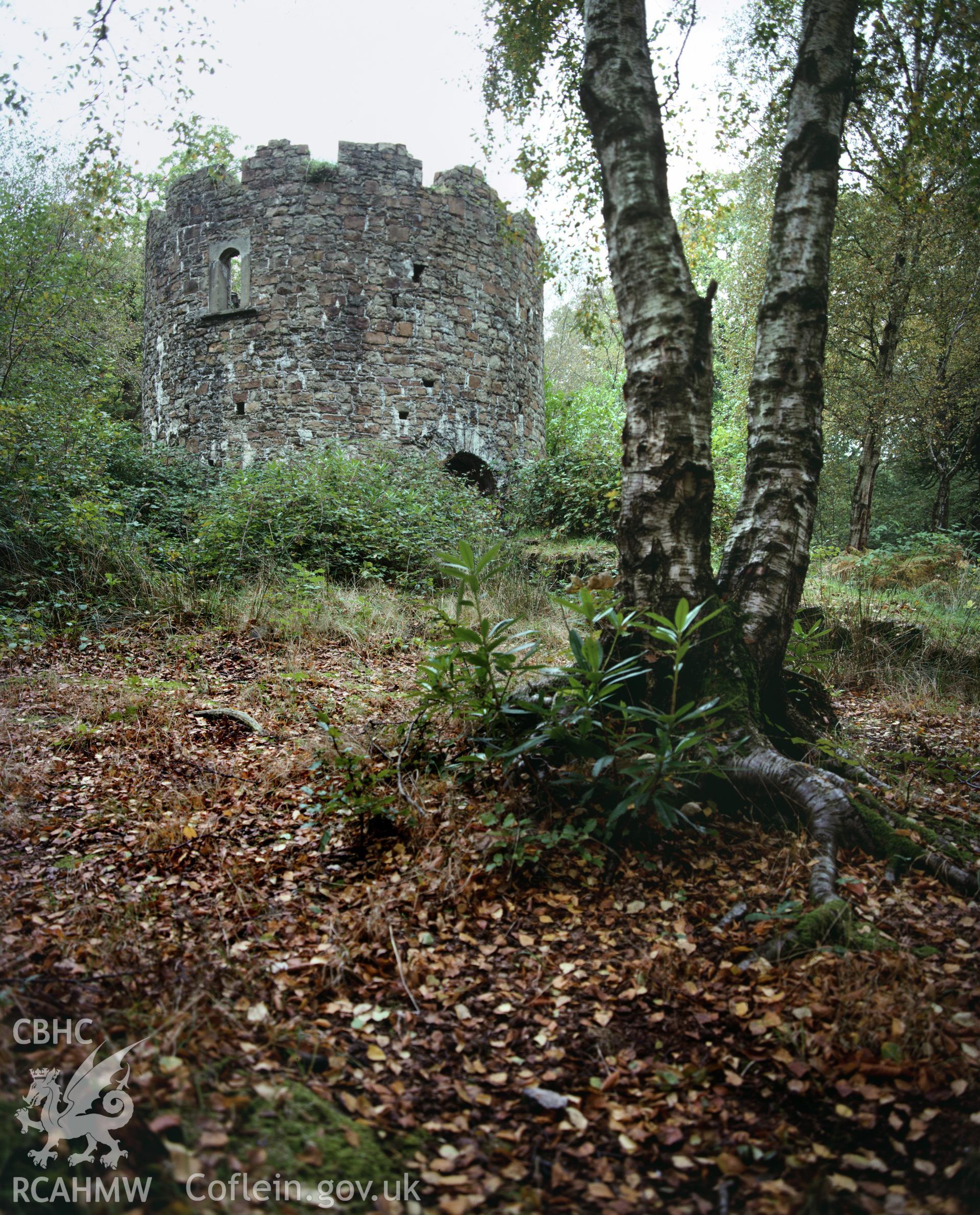 RCAHMW colour transparency showing the tower at Clyne Valley Arsenic Works, taken by Iain Wright, c.1981