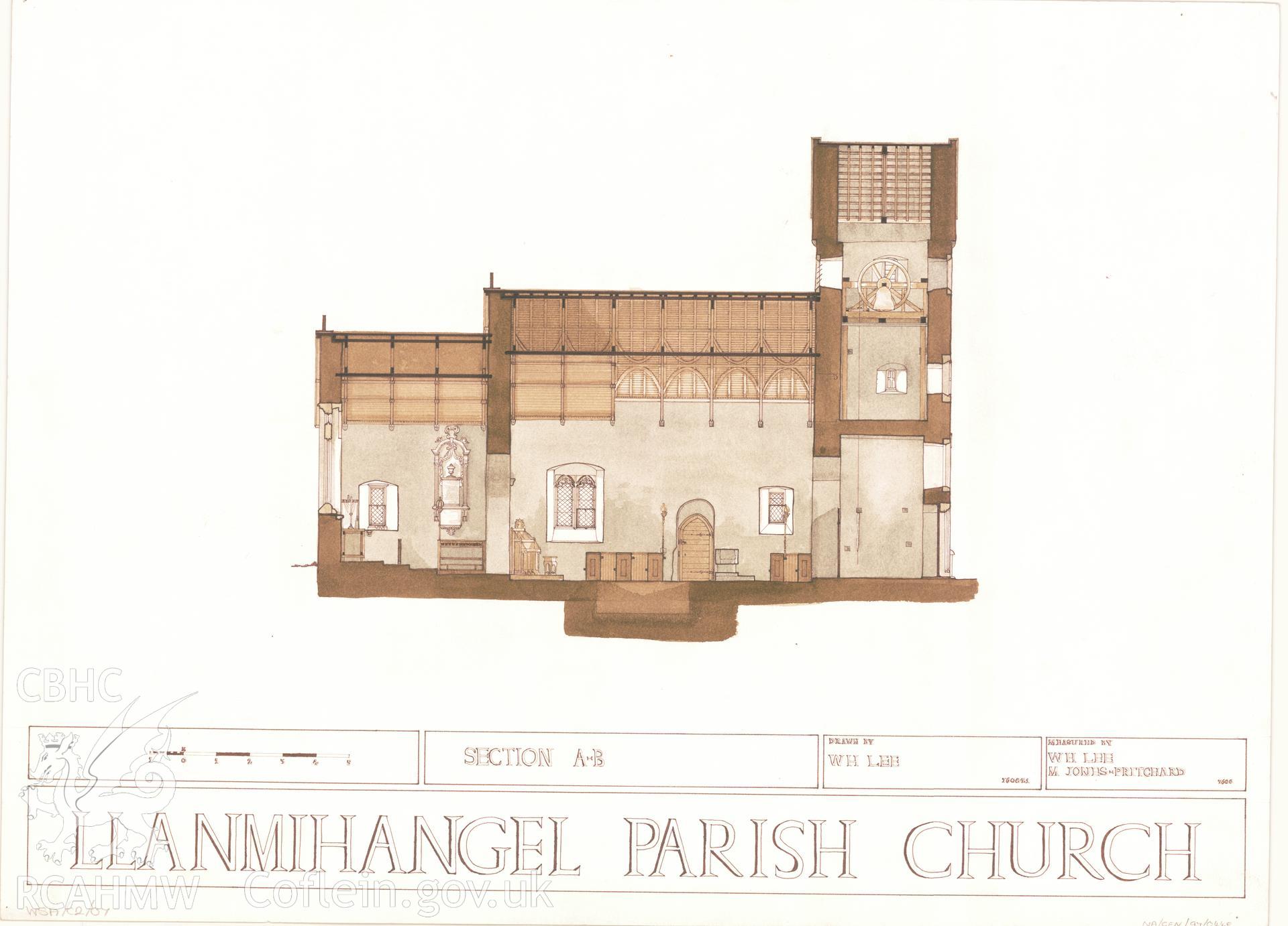 Measured drawing showing section view of Llanmihangel Parish Church, produced by M. Jones-Pritchard and W.H. Lee, 1976.