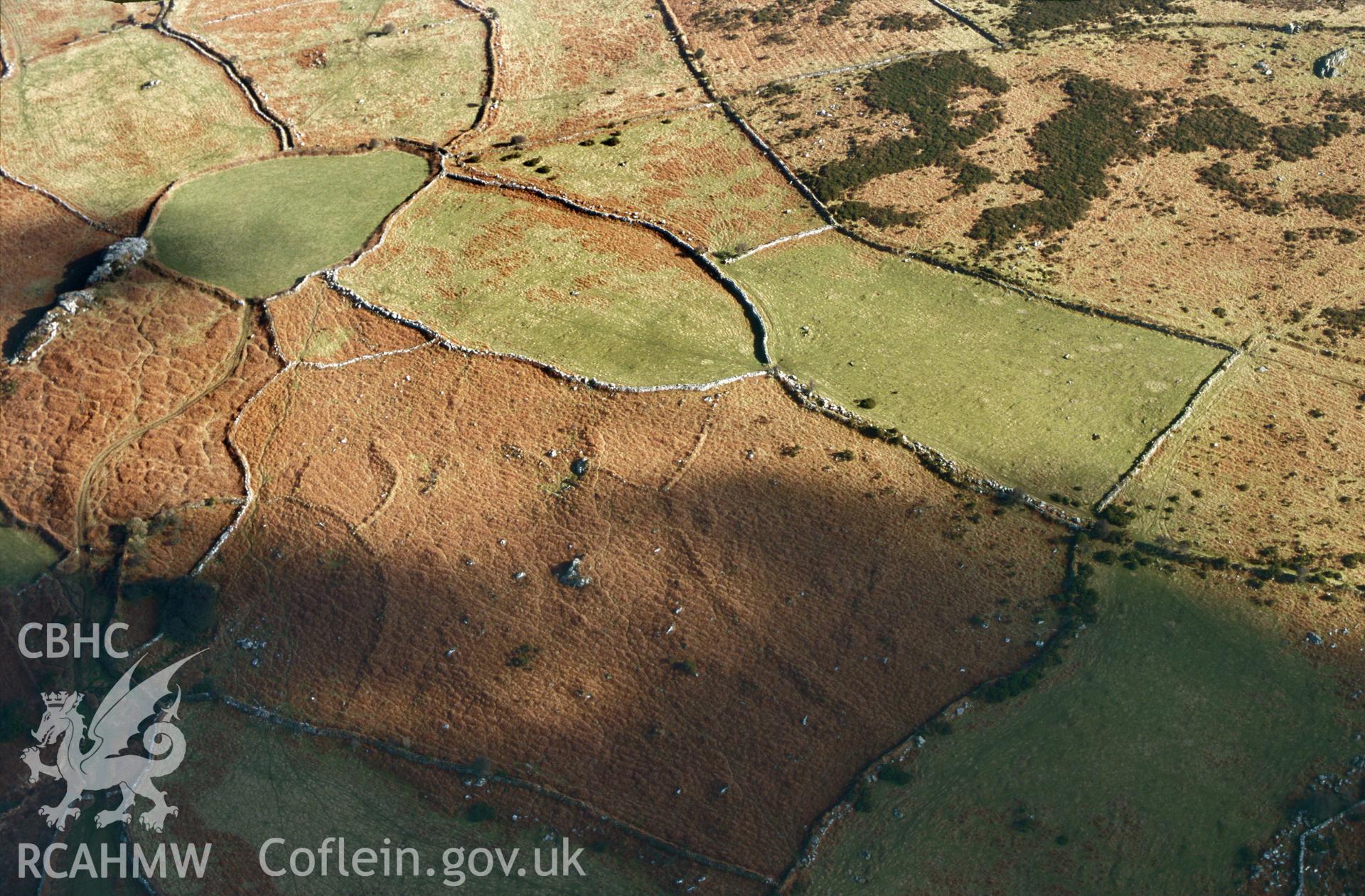 RCAHMW colour slide oblique aerial photograph of field system at Mynydd Dinas, Dinas Cross, taken by C.R.Musson on the 27/02/1996