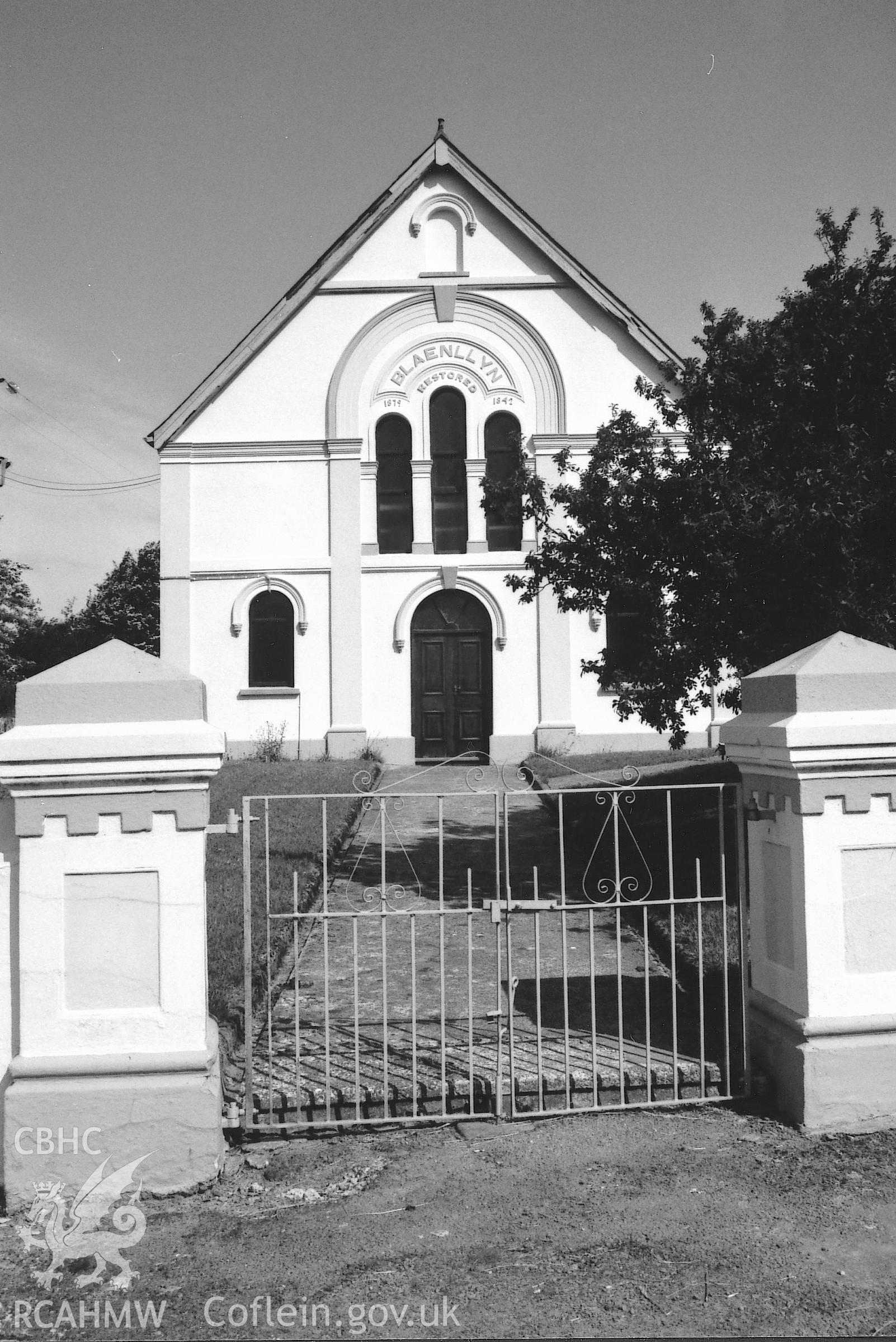 Digital copy of a black and white photograph showing an exterior view of Blaenllyn Baptist Chapel, taken by Robert Scourfield, 1995.