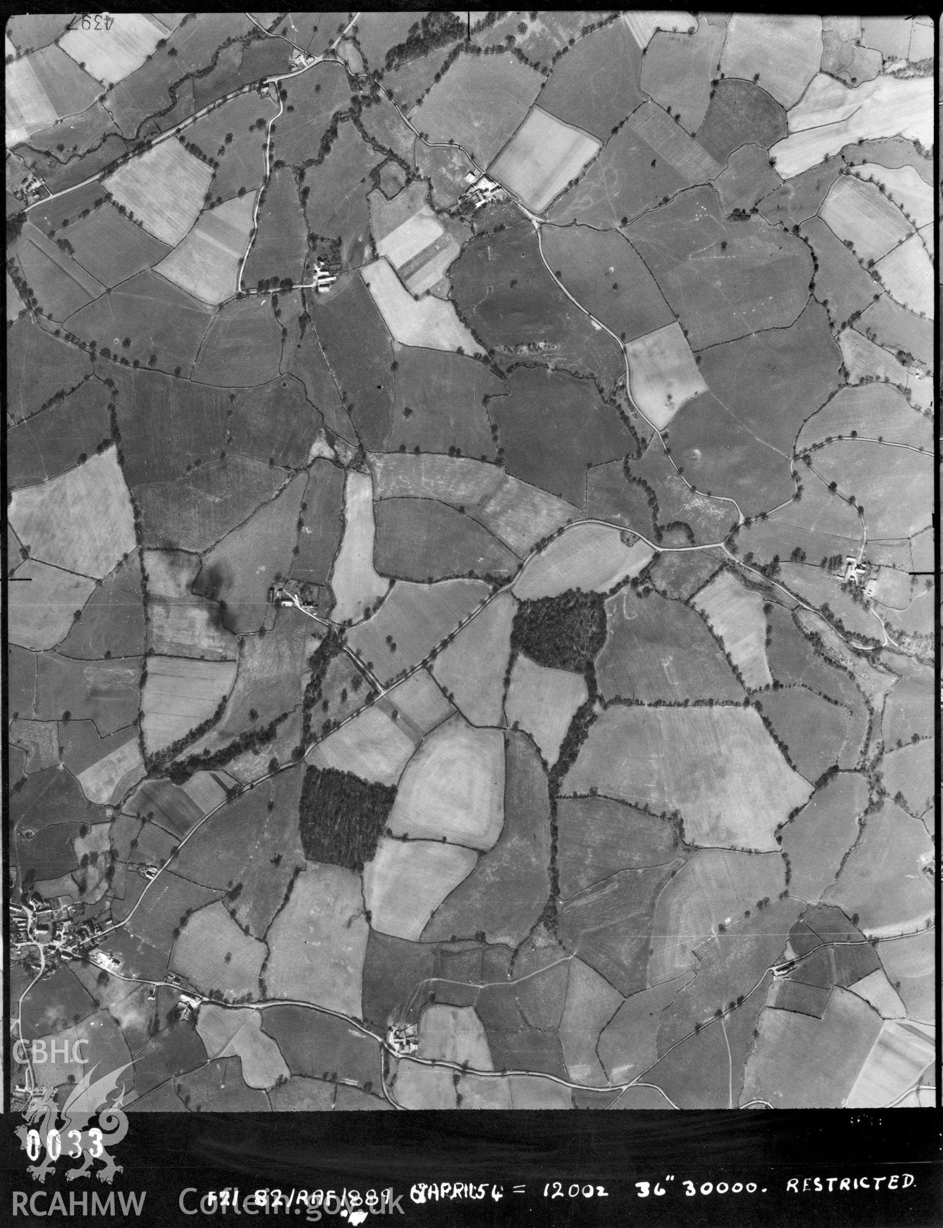 Black and white vertical aerial photograph, taken by the RAF, of Bryn Ffanigl Ganol and surrounding area, Betws yn Rhos, 1954.