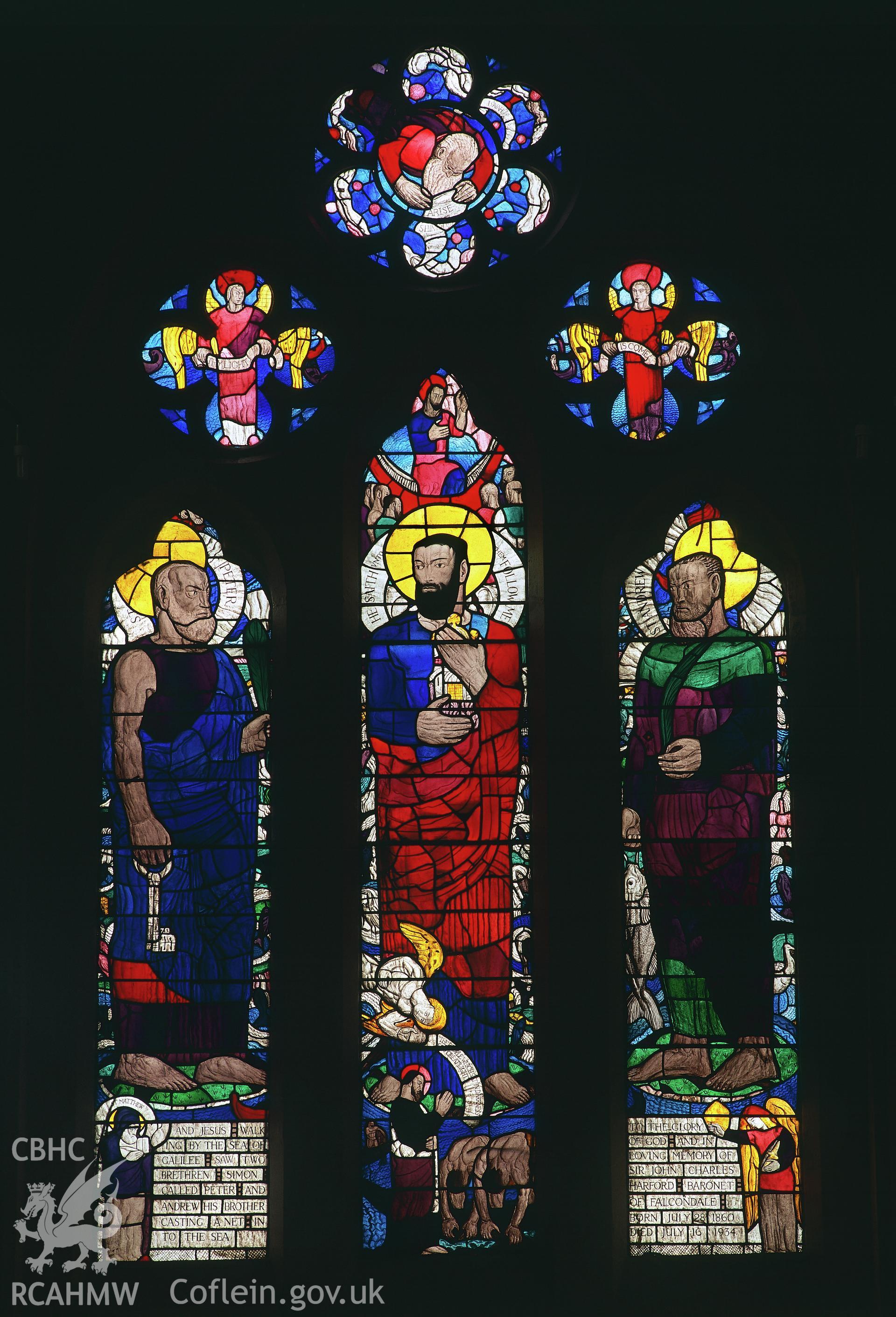 RCAHMW colour transparency showing view of  stained glass window at St Peter's Church, Lampeter