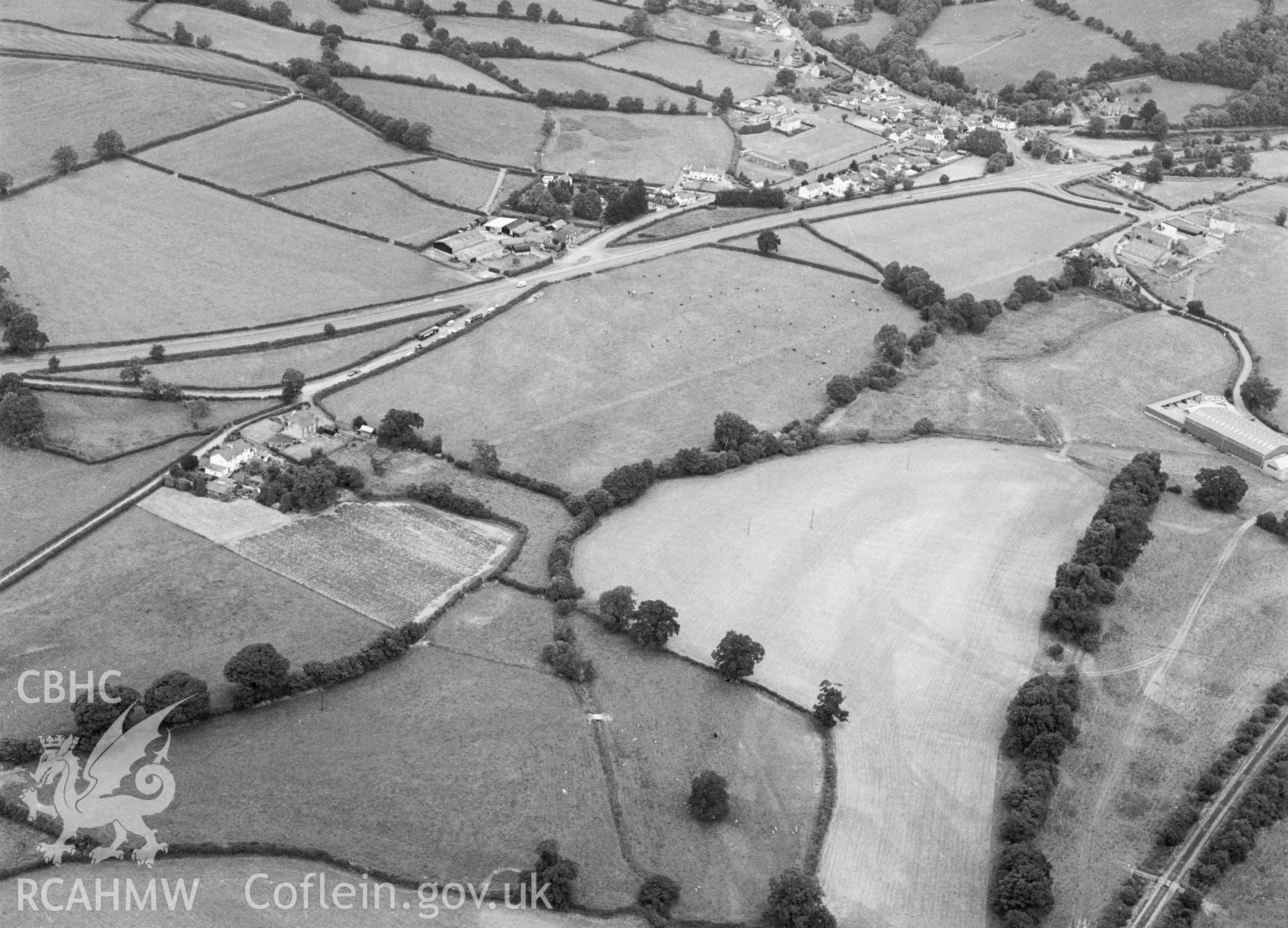 RCAHMW Black and white oblique aerial photograph of a segment of the Tywi Valley Roman Road south of Llanwrda, taken on 02/07/1992 by CR Musson