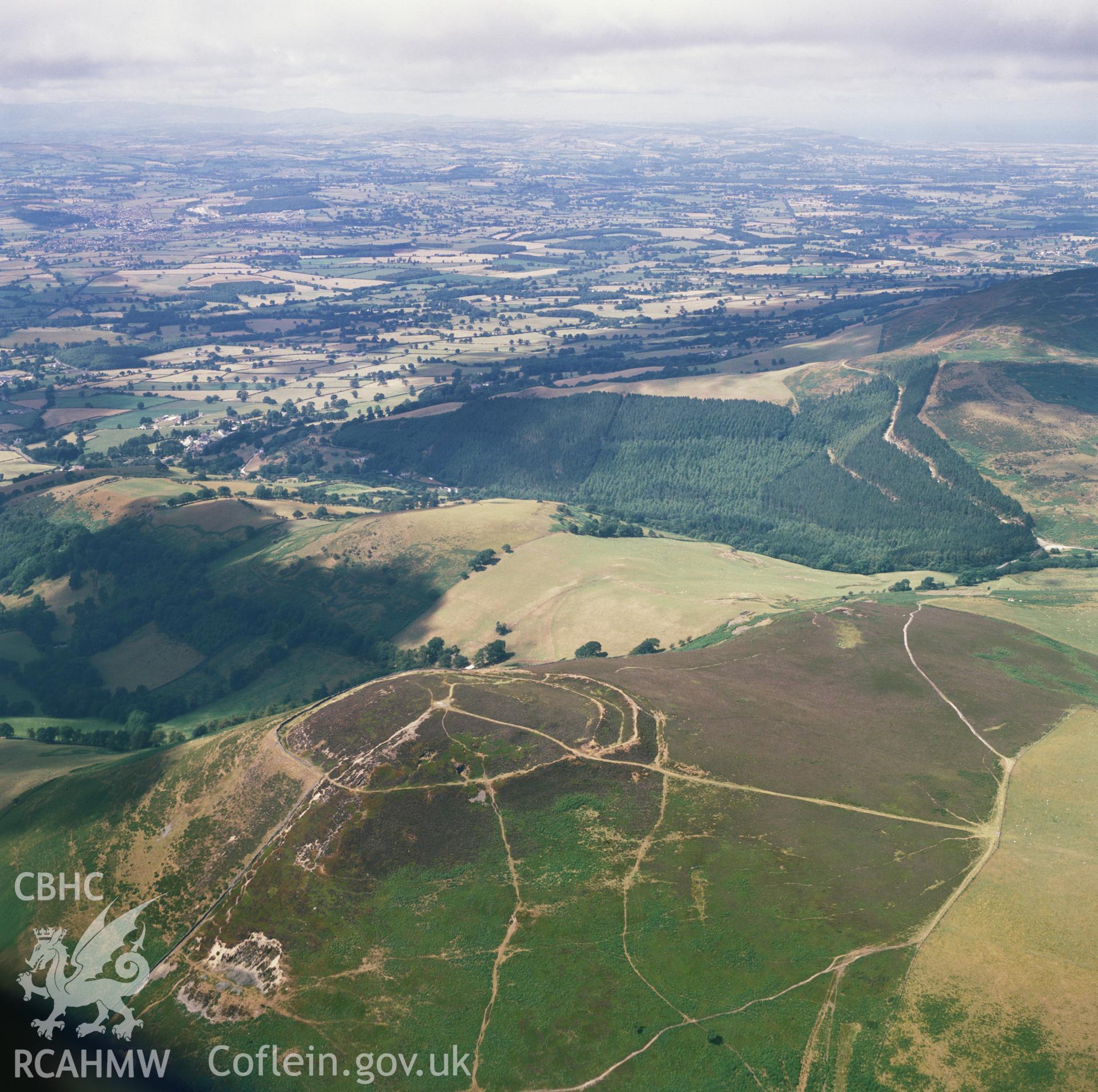 RCAHMW colour oblique aerial photograph of the Moel Arthur Hillfort, taken by C.R. Musson, 1990