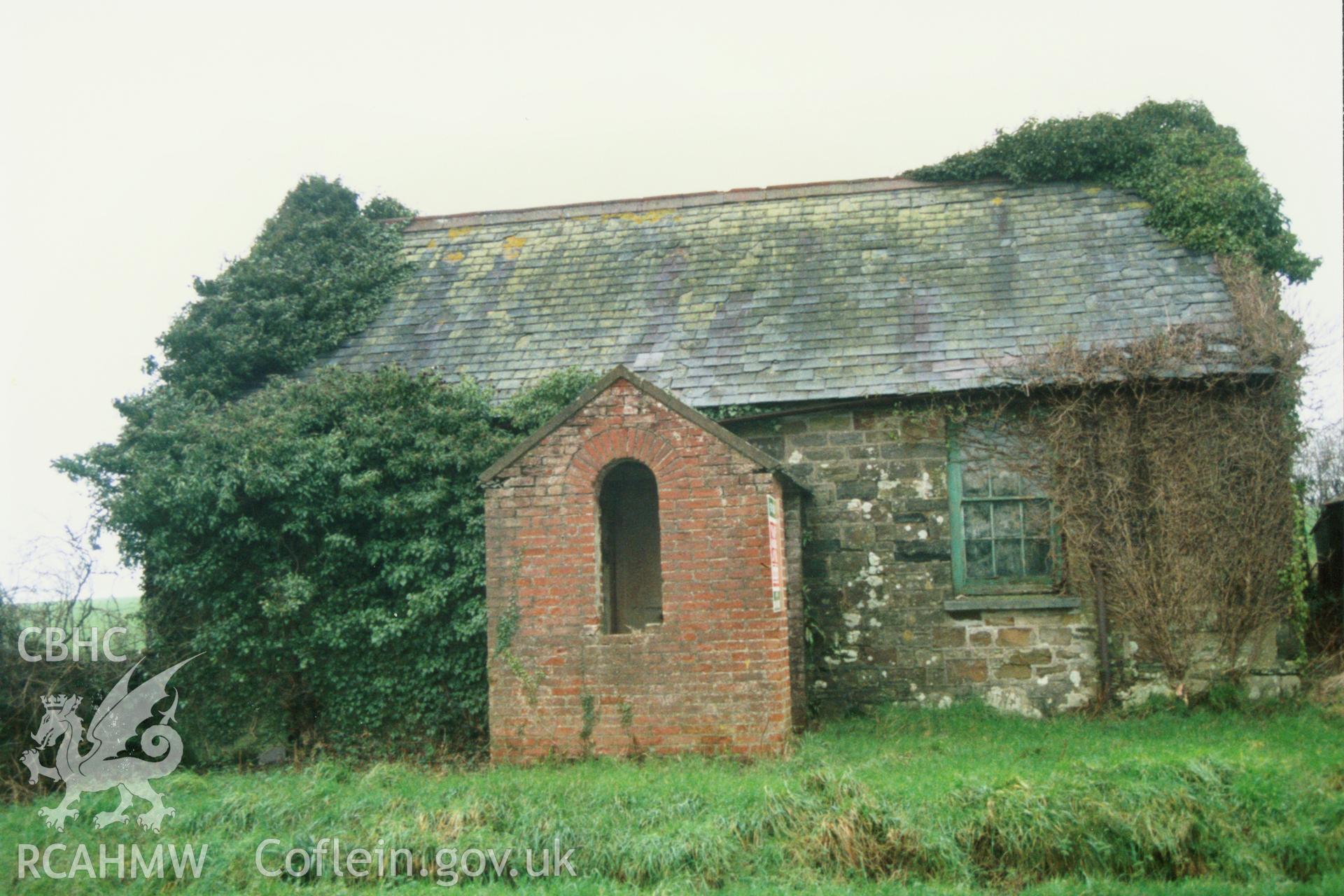 Digital copy of a colour photograph showing exterior view of Carmel Baptist chapel, Penffordd, taken by Robert Scourfield, 1996.