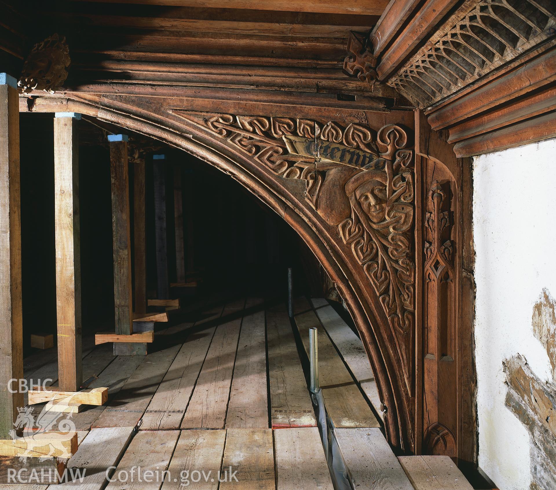 RCAHMW colour transparency showing spandrel at St Mary's Church, Haverfordwest.