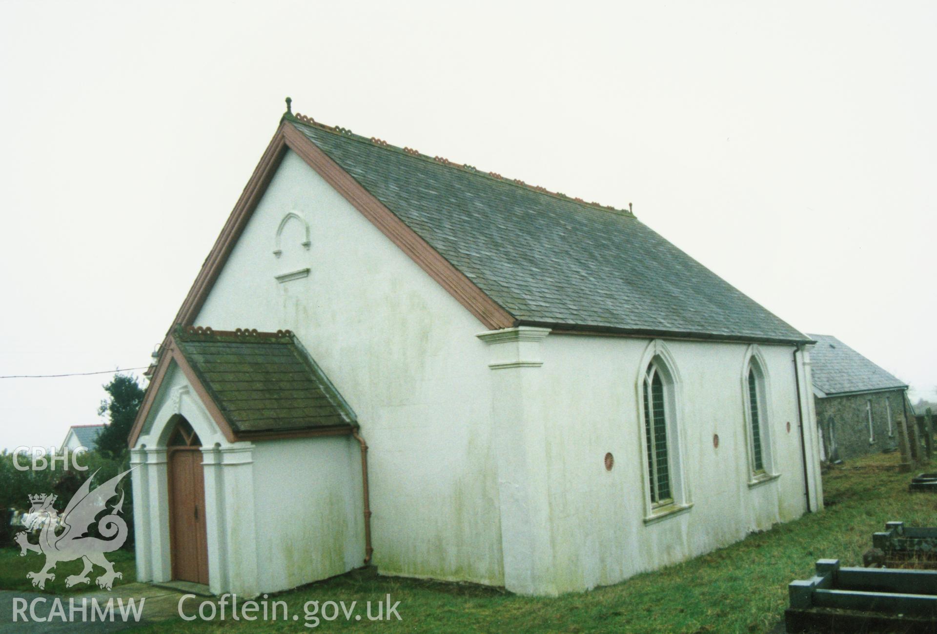 Digital copy of a colour photograph showing exterior view of Penffordd Calvinistic Methodist Chapel, Bletherston, taken by Robert Scourfield, 1996.