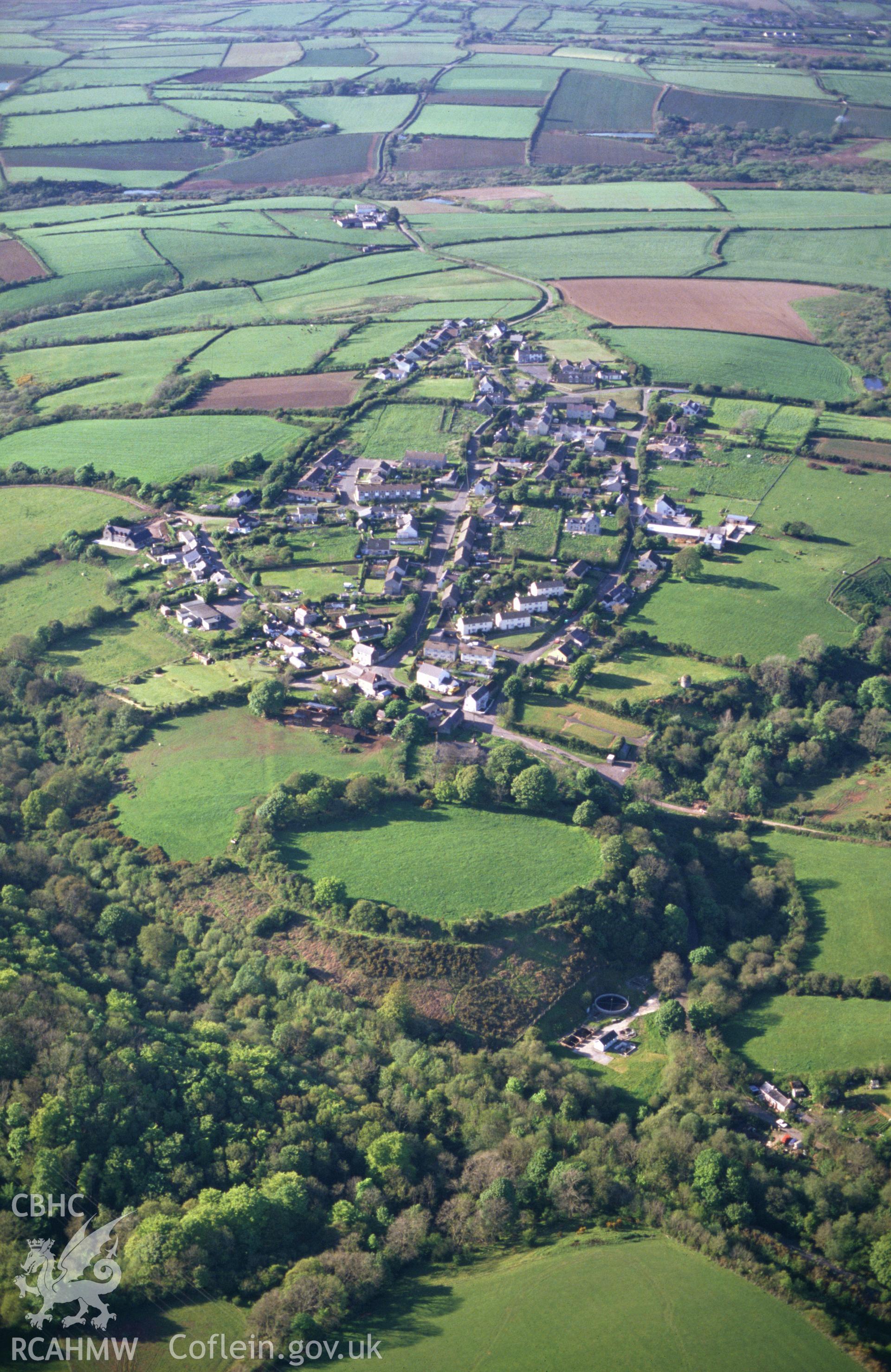 Slide of RCAHMW colour oblique aerial photograph of Rosemarket Rath, taken by C.R. Musson, 18/5/1989.