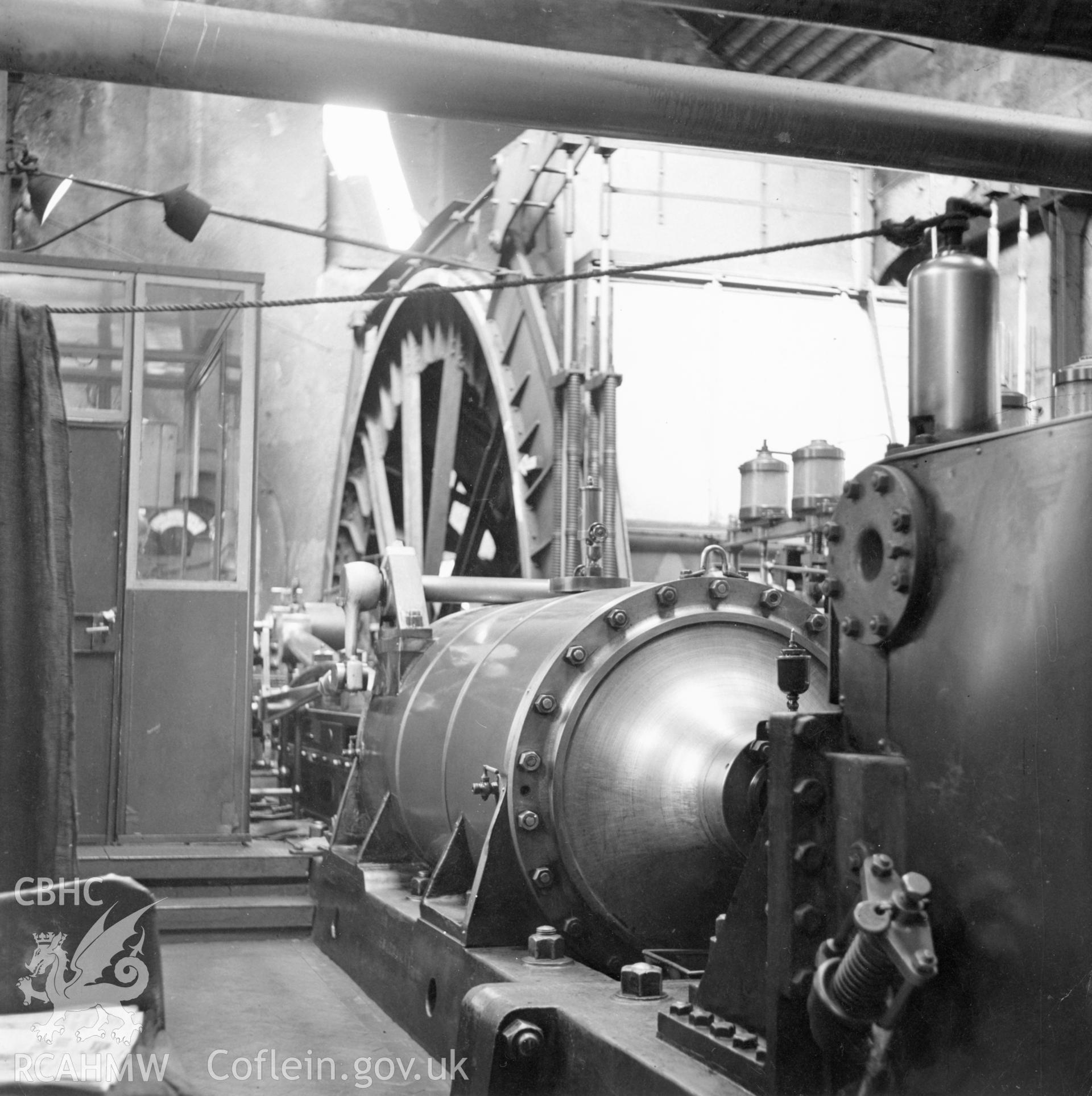 Black and white photograph showing an interior view of the winding house at Elliot Colliery, part of a closed registered file, ref. no. 8M/2982/3, transferred from Cadw and concerning Engine house Elliot Colliery, New Tredegar, Bedwellty, Mon.