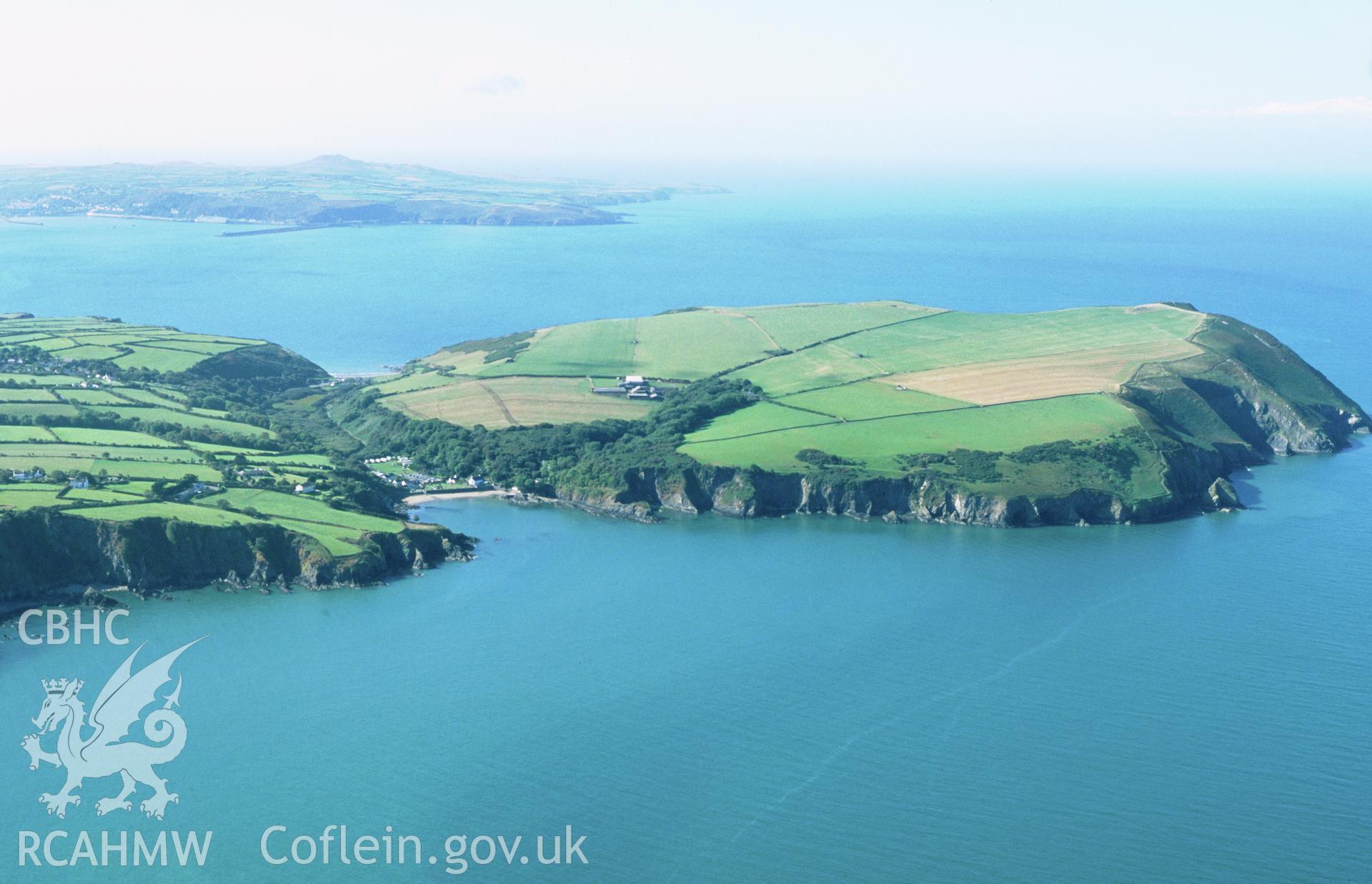 RCAHMW colour oblique aerial photograph of Dinas Island, landscape from east. Stereo colour (right eye). Taken by Toby Driver on 03/10/2002