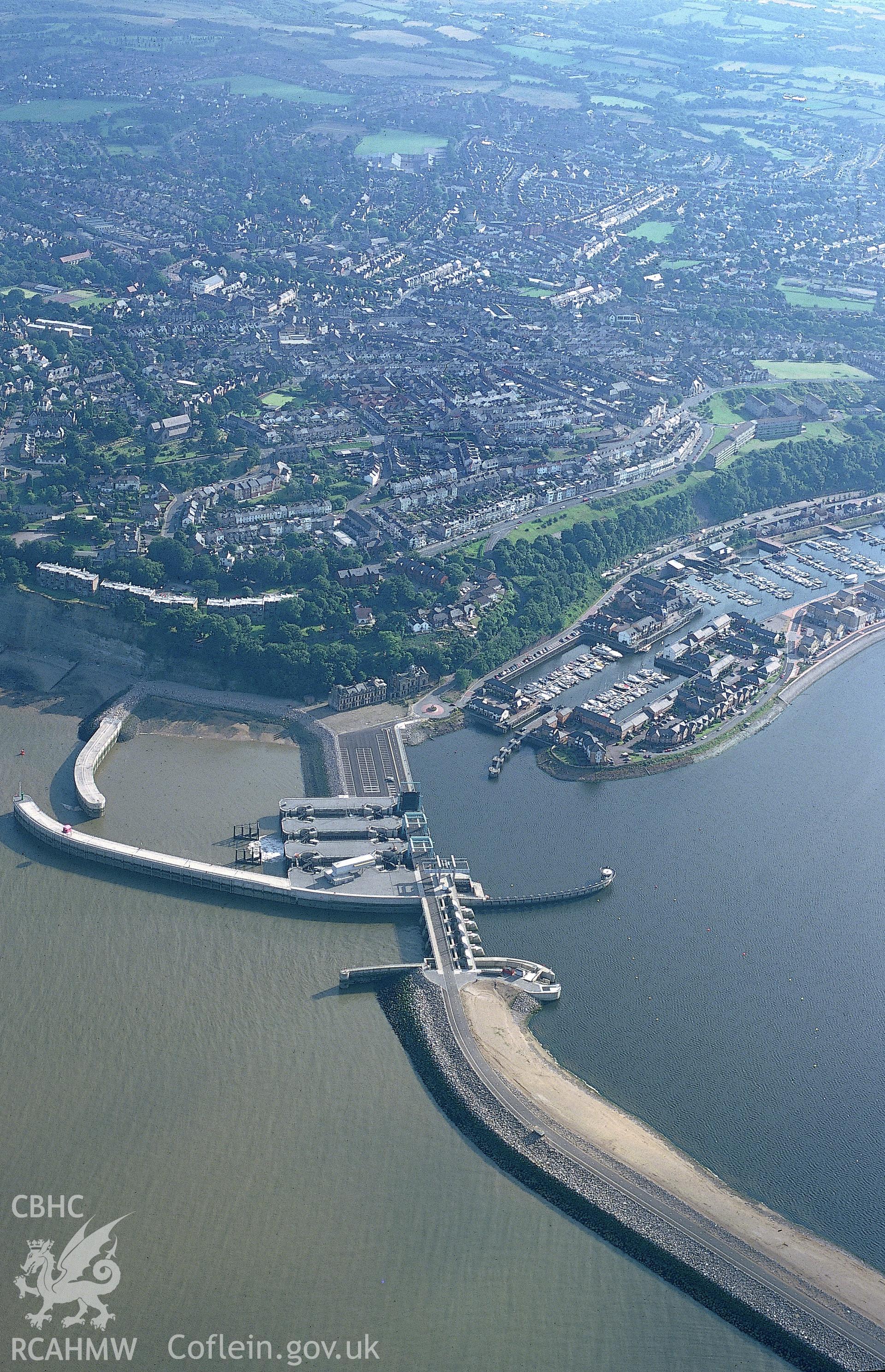 Slide of RCAHMW colour oblique aerial photograph of Cardiff Bay Barrage, Cardiff Bay, taken by T.G. Driver, 18/7/2000.